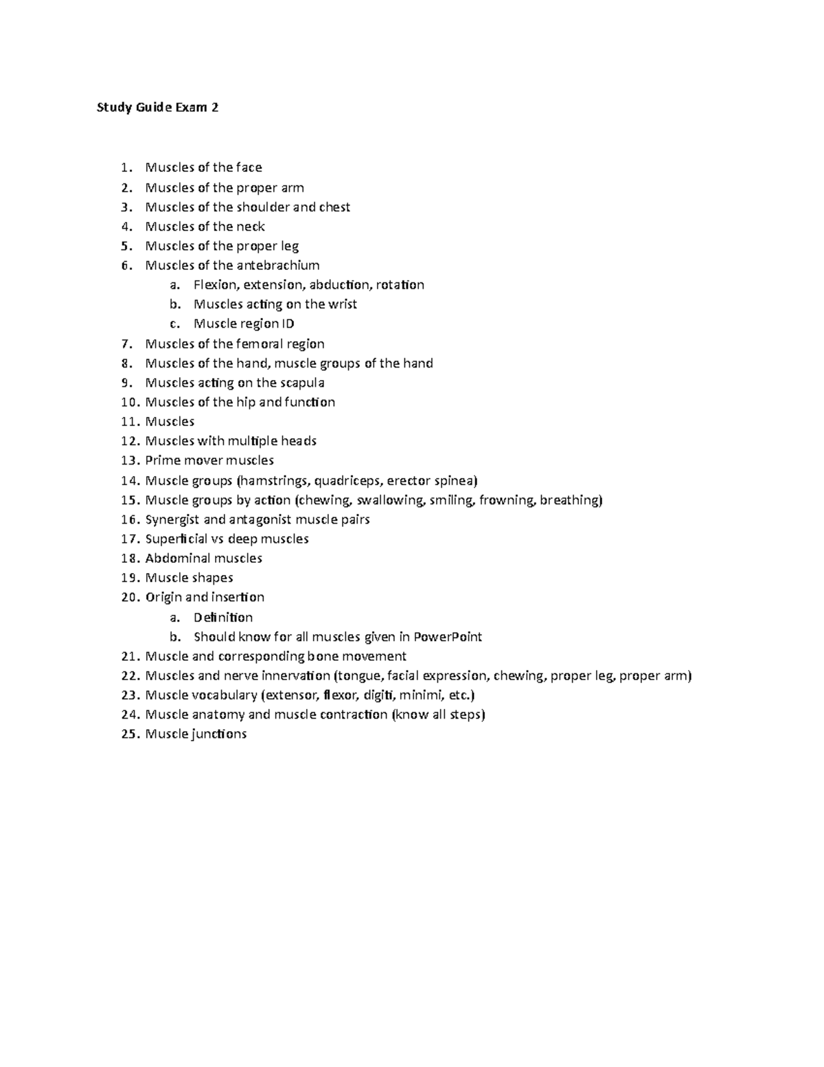 Study Guide Exam 2 - Practice Materials - Study Guide Exam 2 Muscles of ...