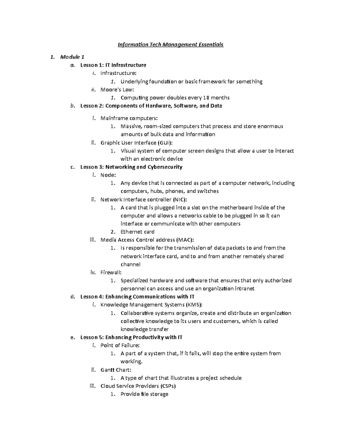 D075 Notes - Information Tech Management Essentials Module 1 A. Lesson ...