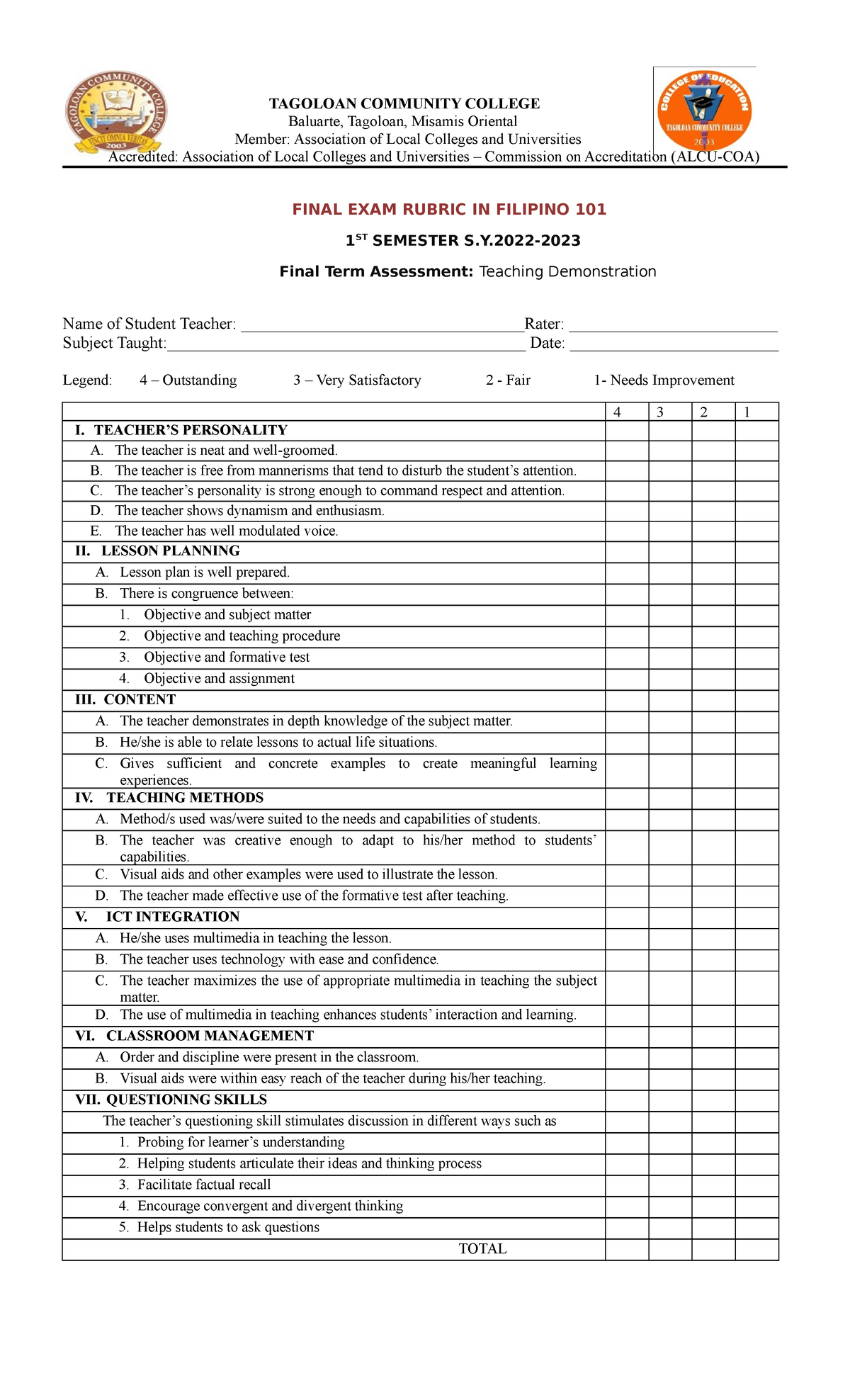 Student Teachers Observation and Rating Sheet 1 - TAGOLOAN COMMUNITY ...