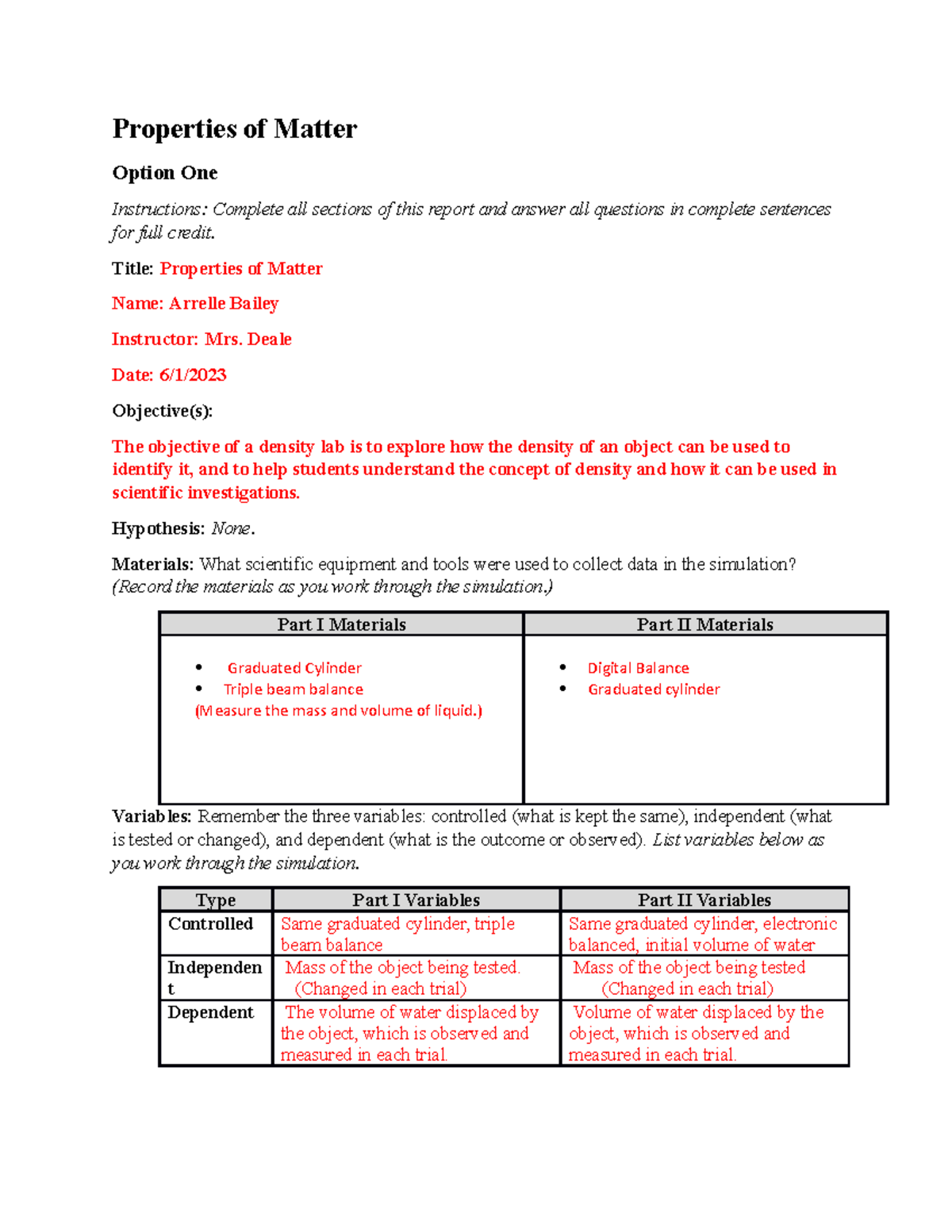 Density Virtual Lab A lab assighment Properties of Matter Option