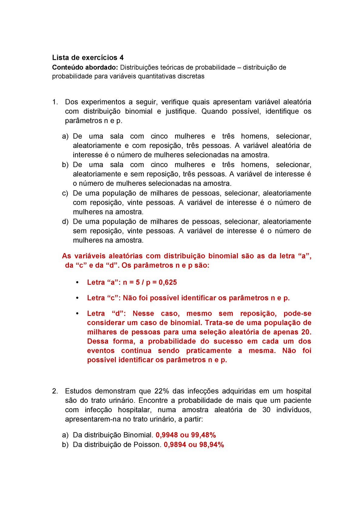 Exercicios Com Gabarito: Distribuições Teóricas De Probabilidade ...