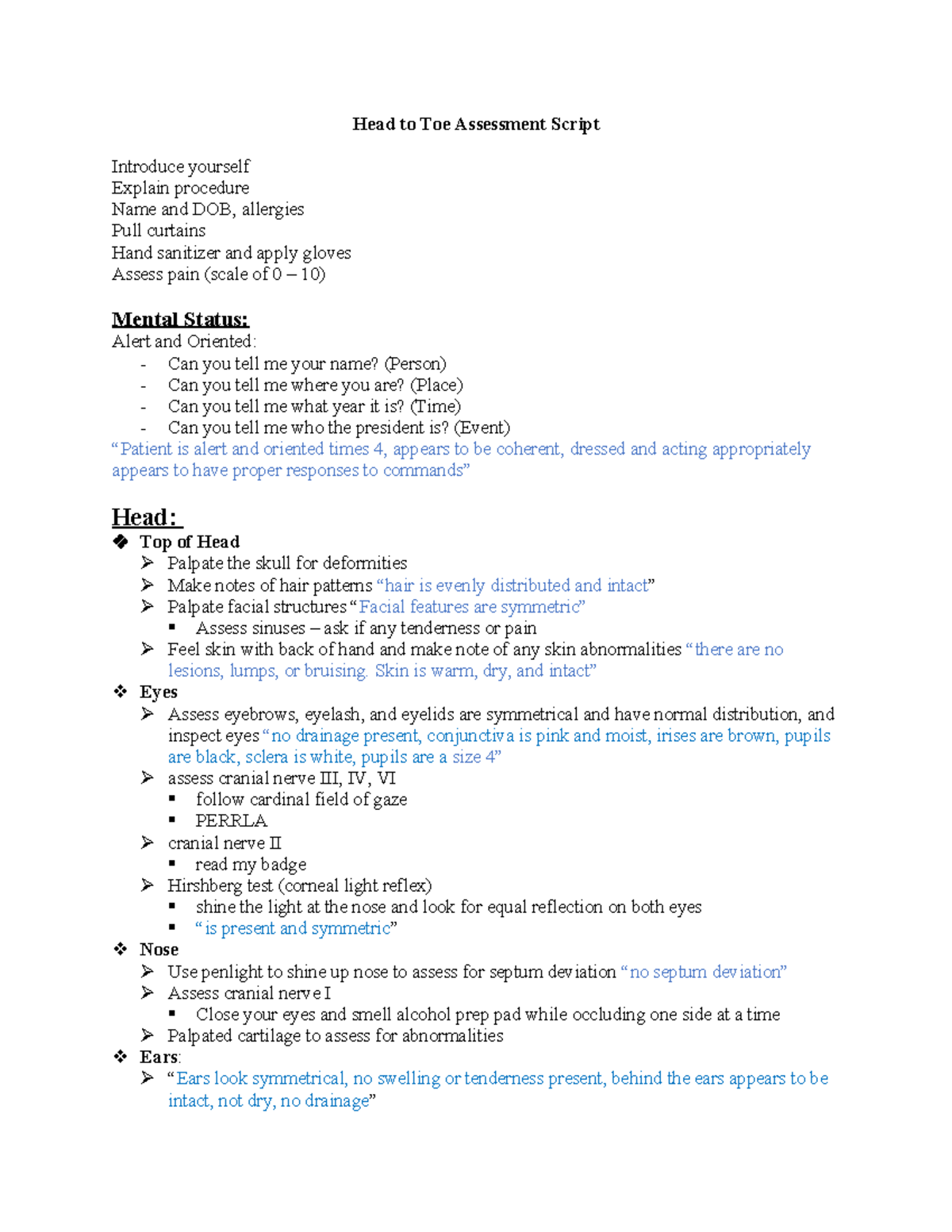 Head to Toe Assessment Script - Head to Toe Assessment Script Introduce ...