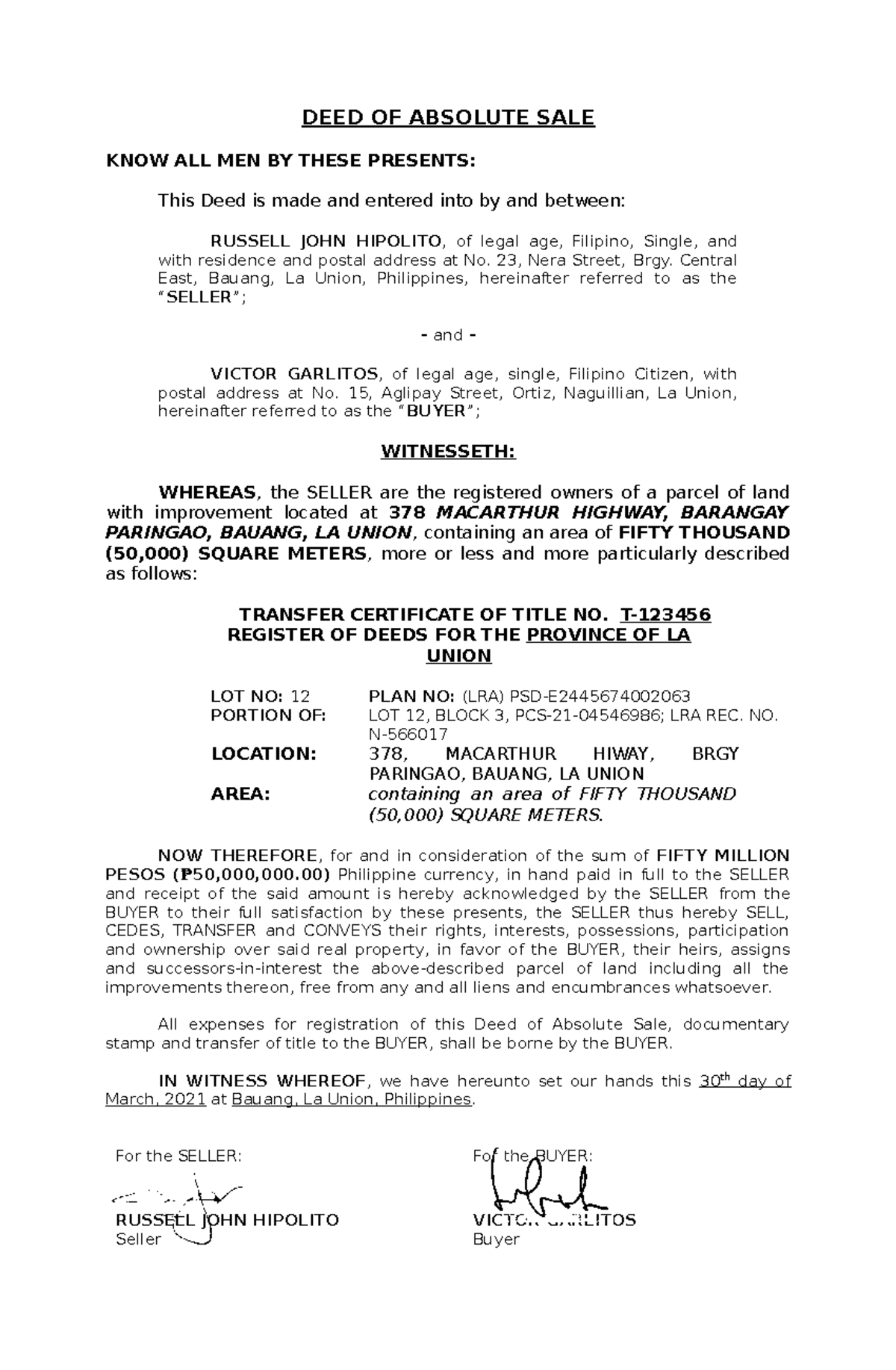 Deed Of Sale Of Land Sample Format