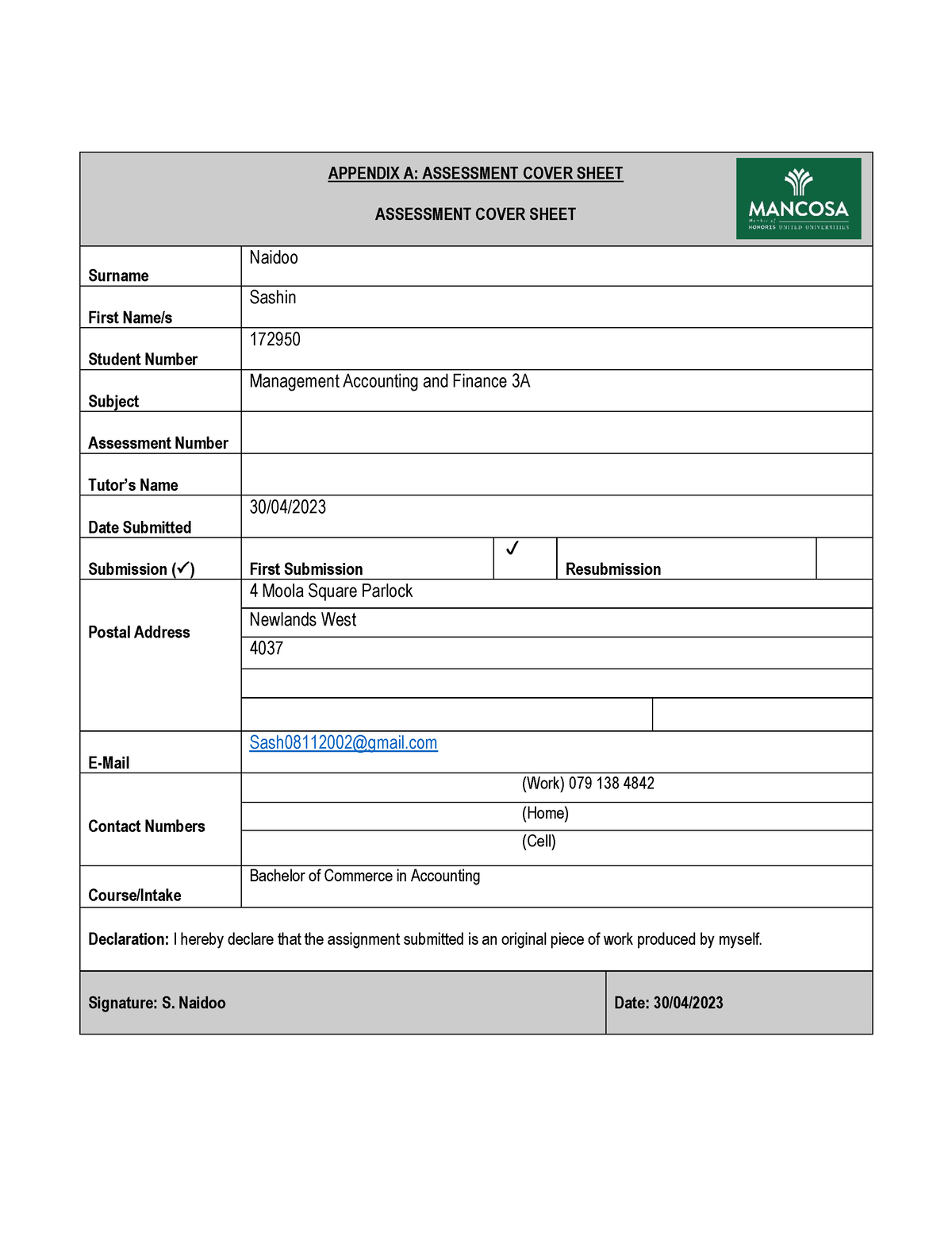 Management Accounting And Finance 3A Assignment - APPENDIX A ...