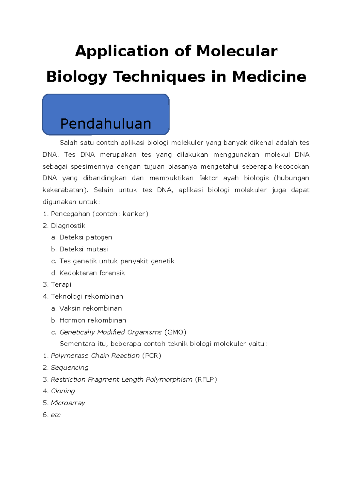 Application of Molecular Biology Techniques sum - Application of ...