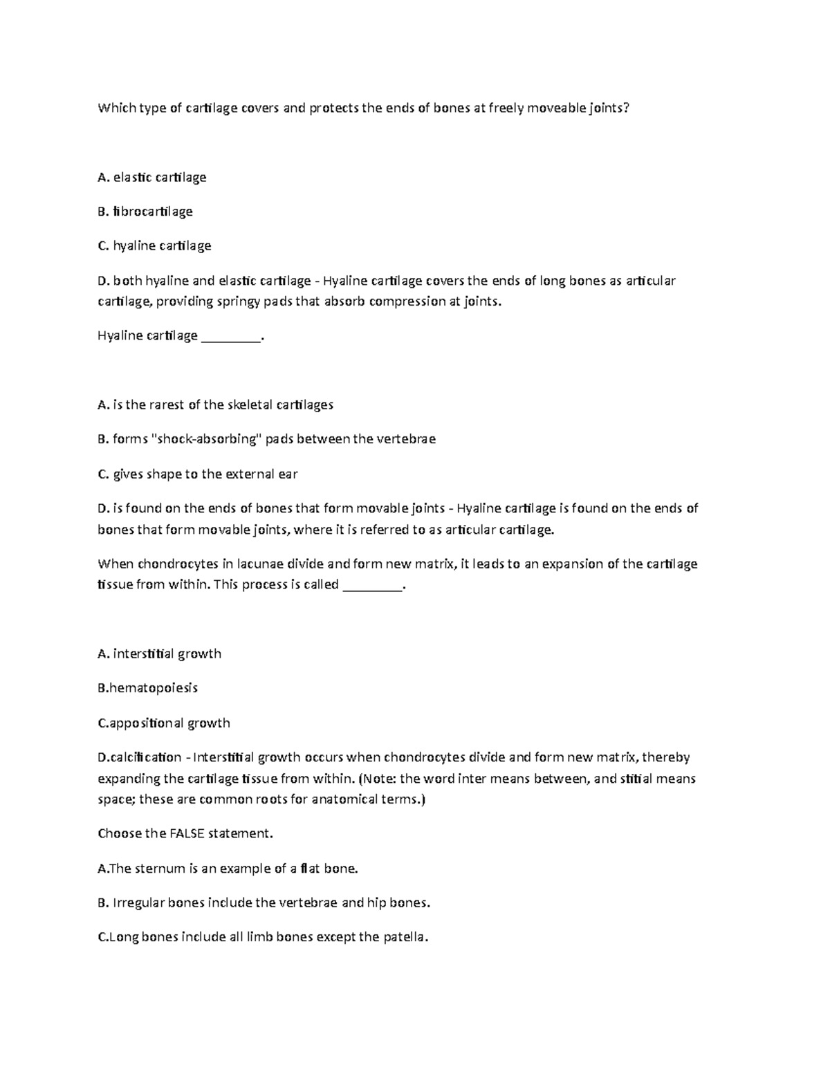 BHSC 2214 CH6 Lecture notes 6 Which type of cartilage covers and