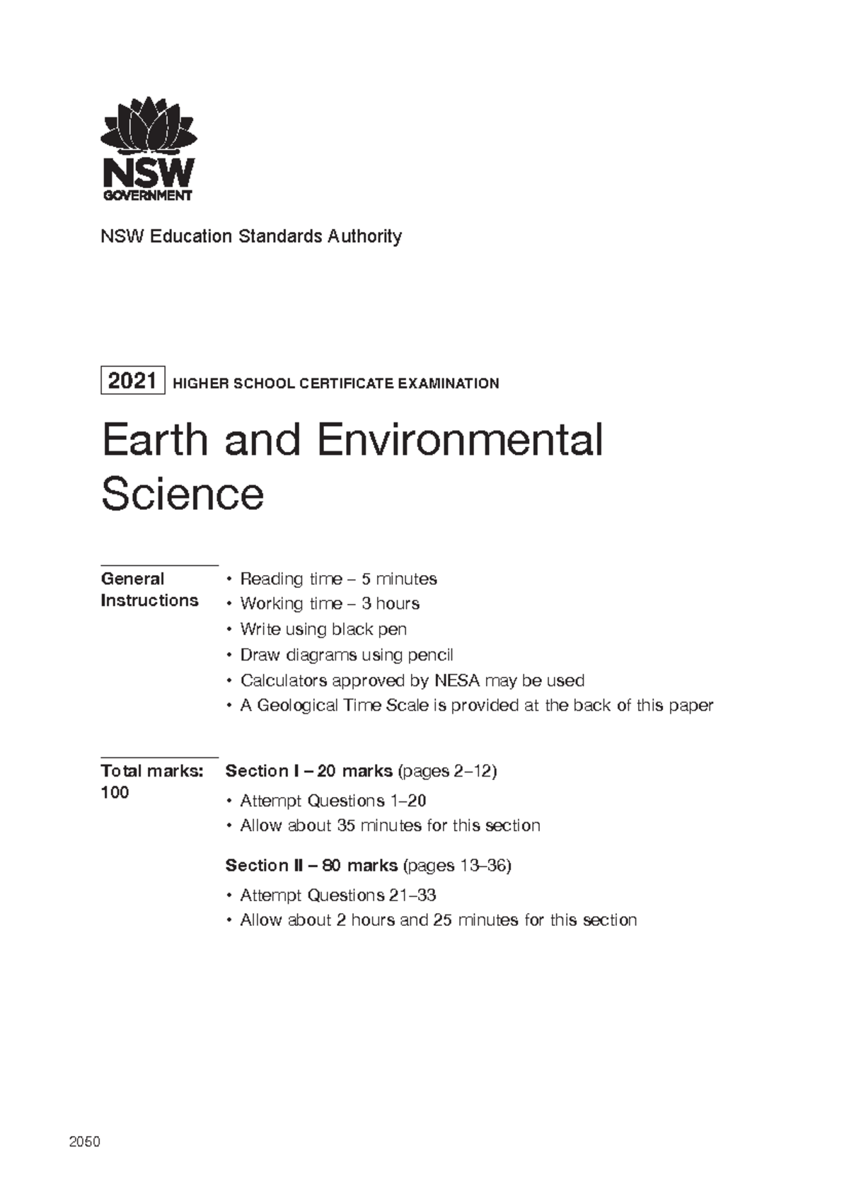 2021 hsc earth and environmental science NSW Education Standards