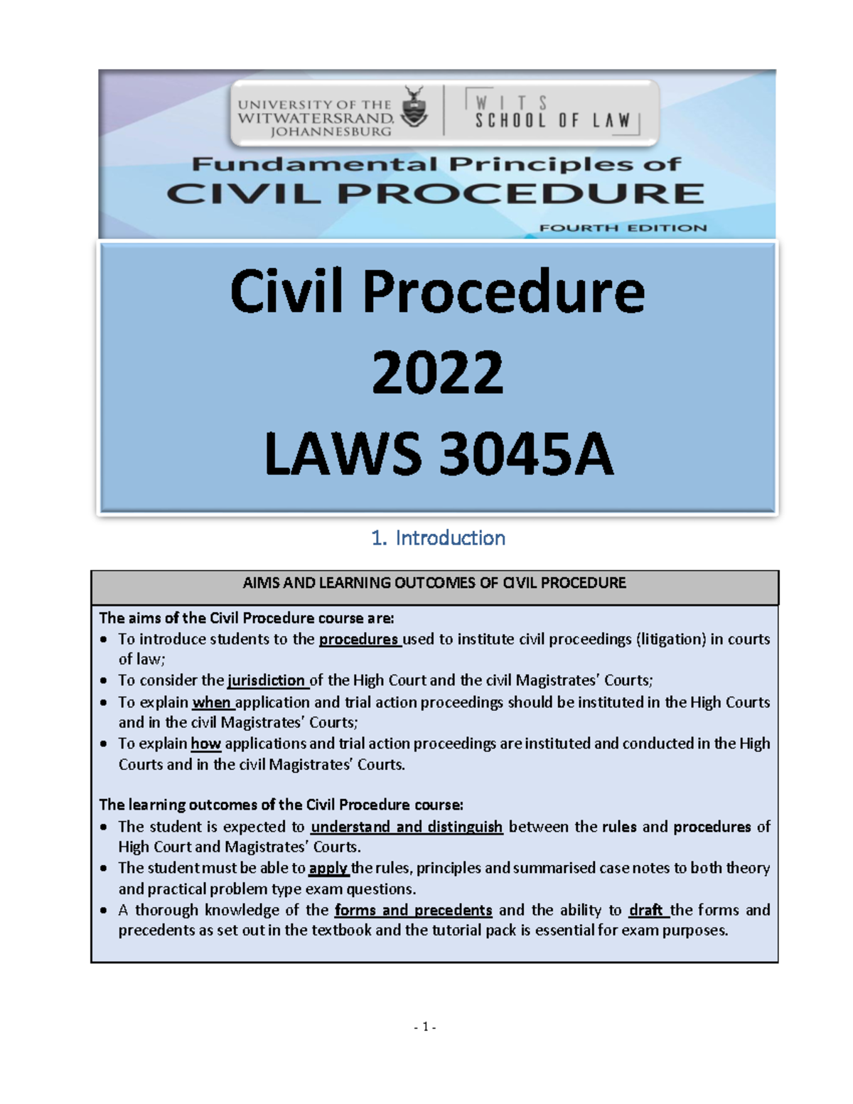 Civil procedure 2022 - notes - 1. Introduction AIMS AND LEARNING ...