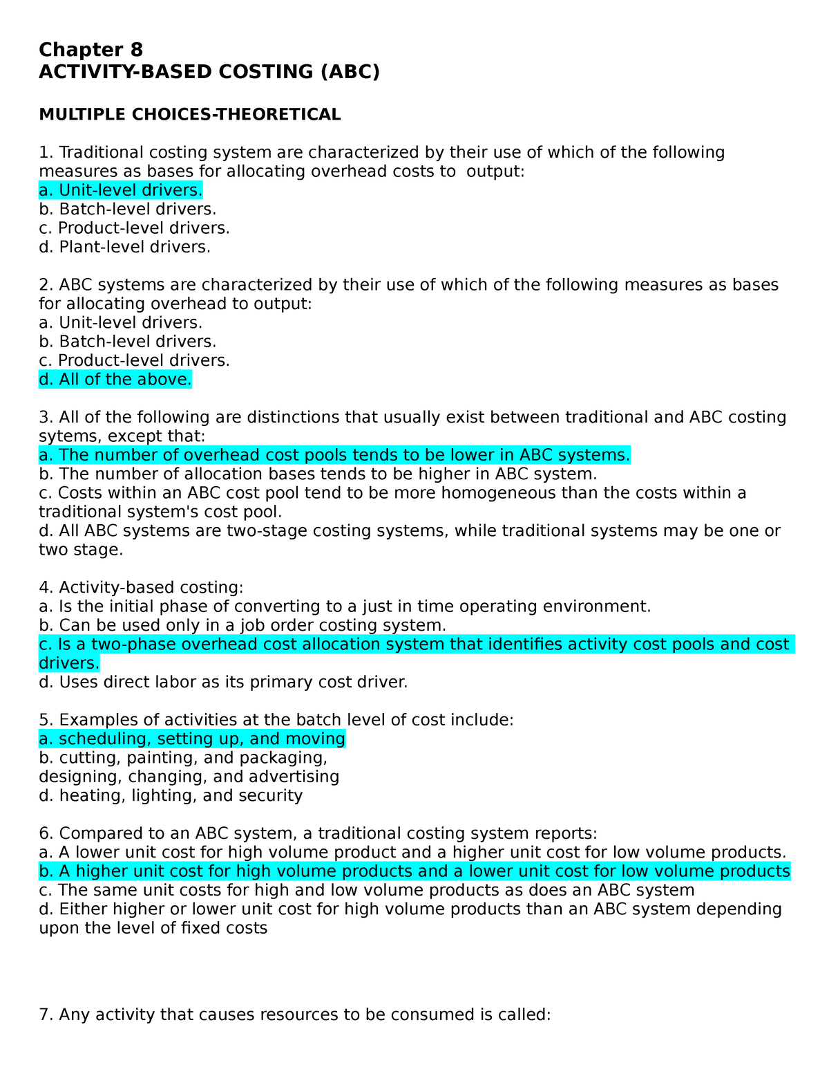 Cost Accounting Test Bank 1 - Chapter 8 ACTIVITY-BASED COSTING (ABC ...