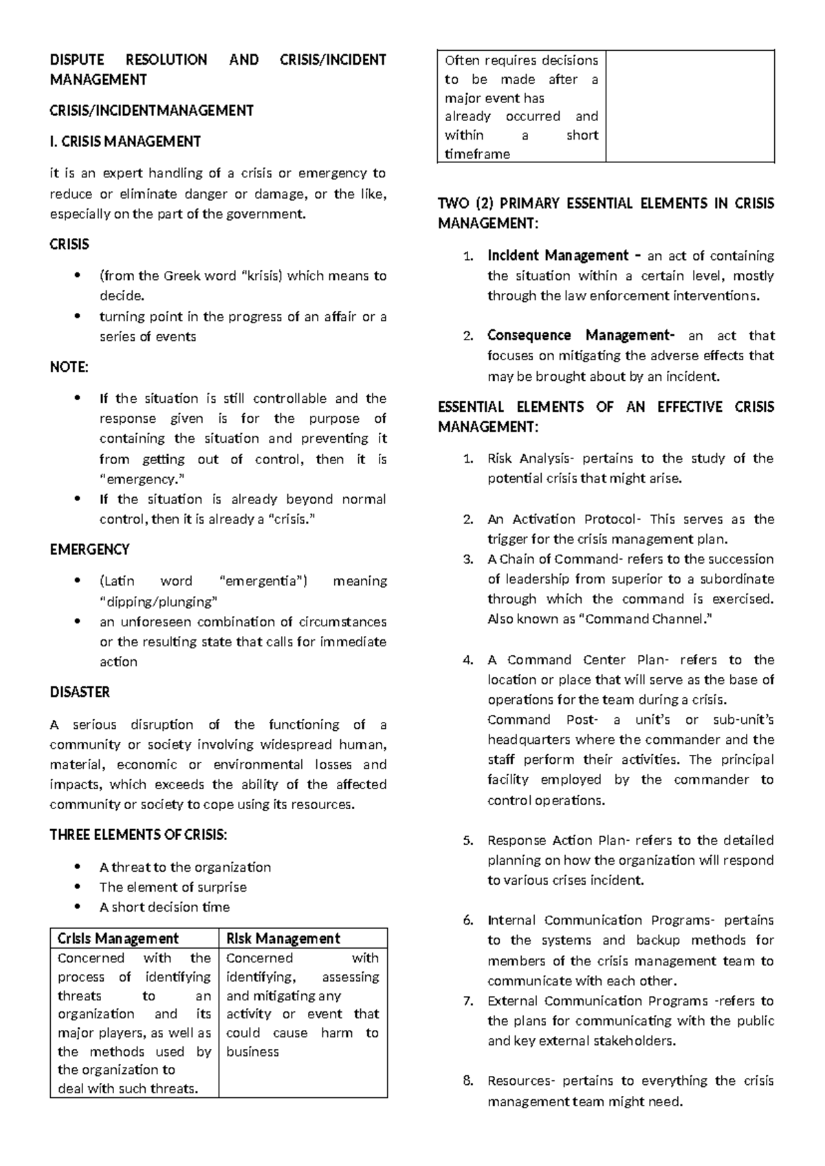 Dispute Resolution AND Crisis M1 - DISPUTE RESOLUTION AND CRISIS ...