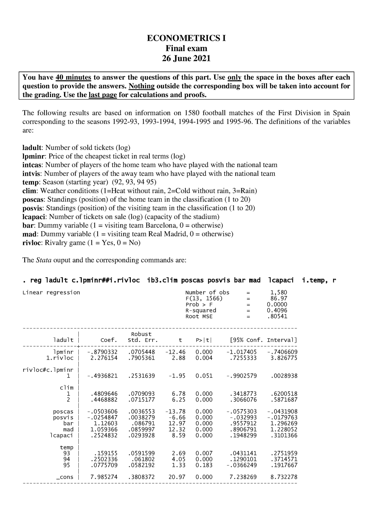 ECONOMETRICS EXAM 2021 SECOND PART OPEN WITH SOLUTIONS - ECONOMETRICS I ...