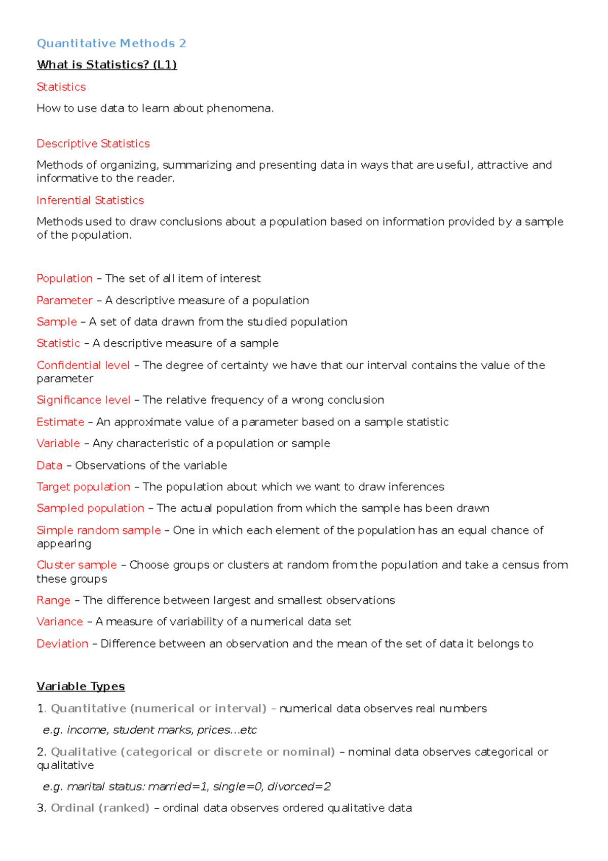 Quantitative Methods 2 - Descriptive Statistics Methods of organizing ...