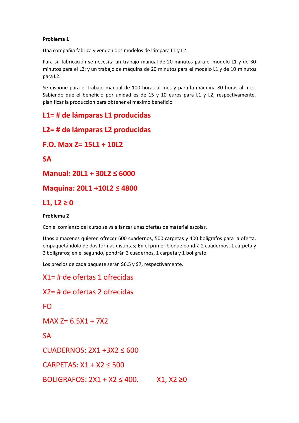 Solucion Ejercicios Programación Lineal 2 - Problema 1 Una Compañía ...