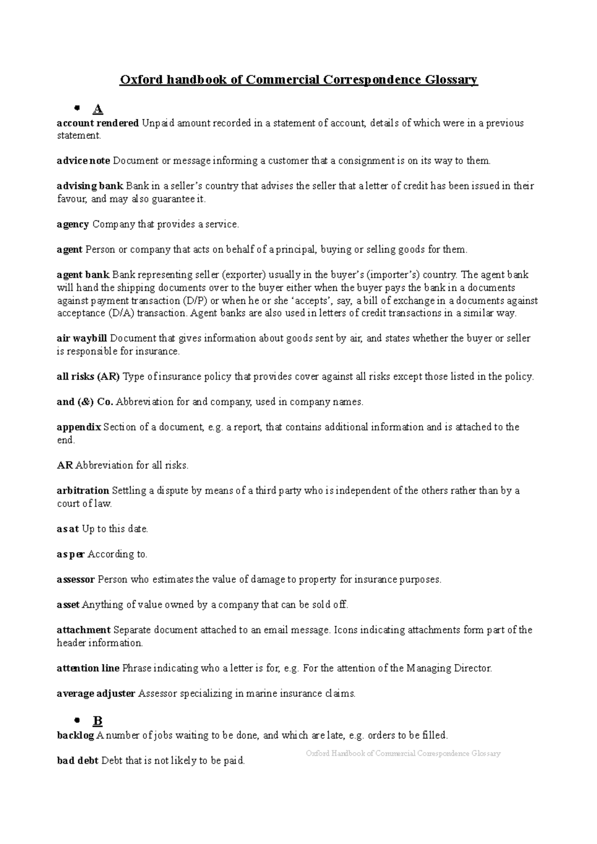 Oxford handbook of Commercial Correspondence Glossary advice note