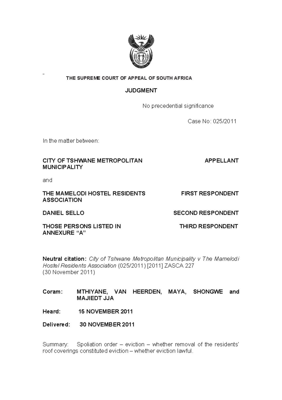 City of tshwane&mamelodi hostel residents - THE SUPREME COURT OF APPEAL ...