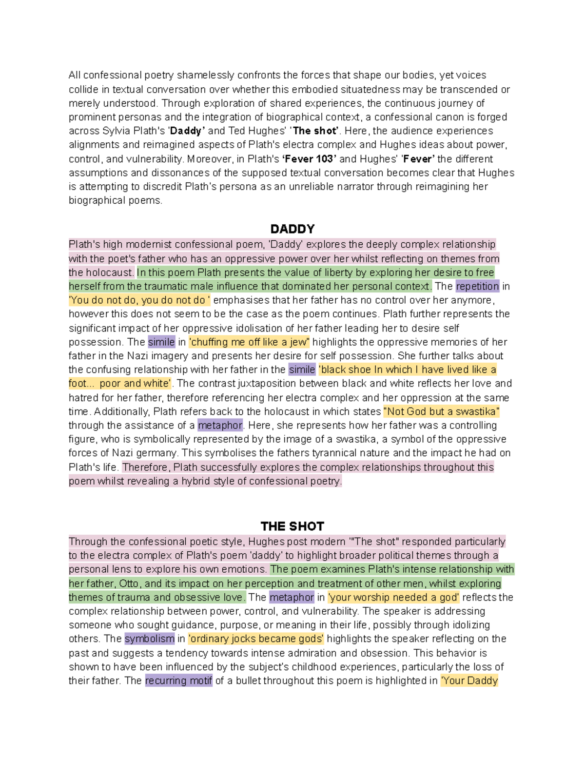 MOD A; Plath AND Hughes - essay hsc - All confessional poetry ...