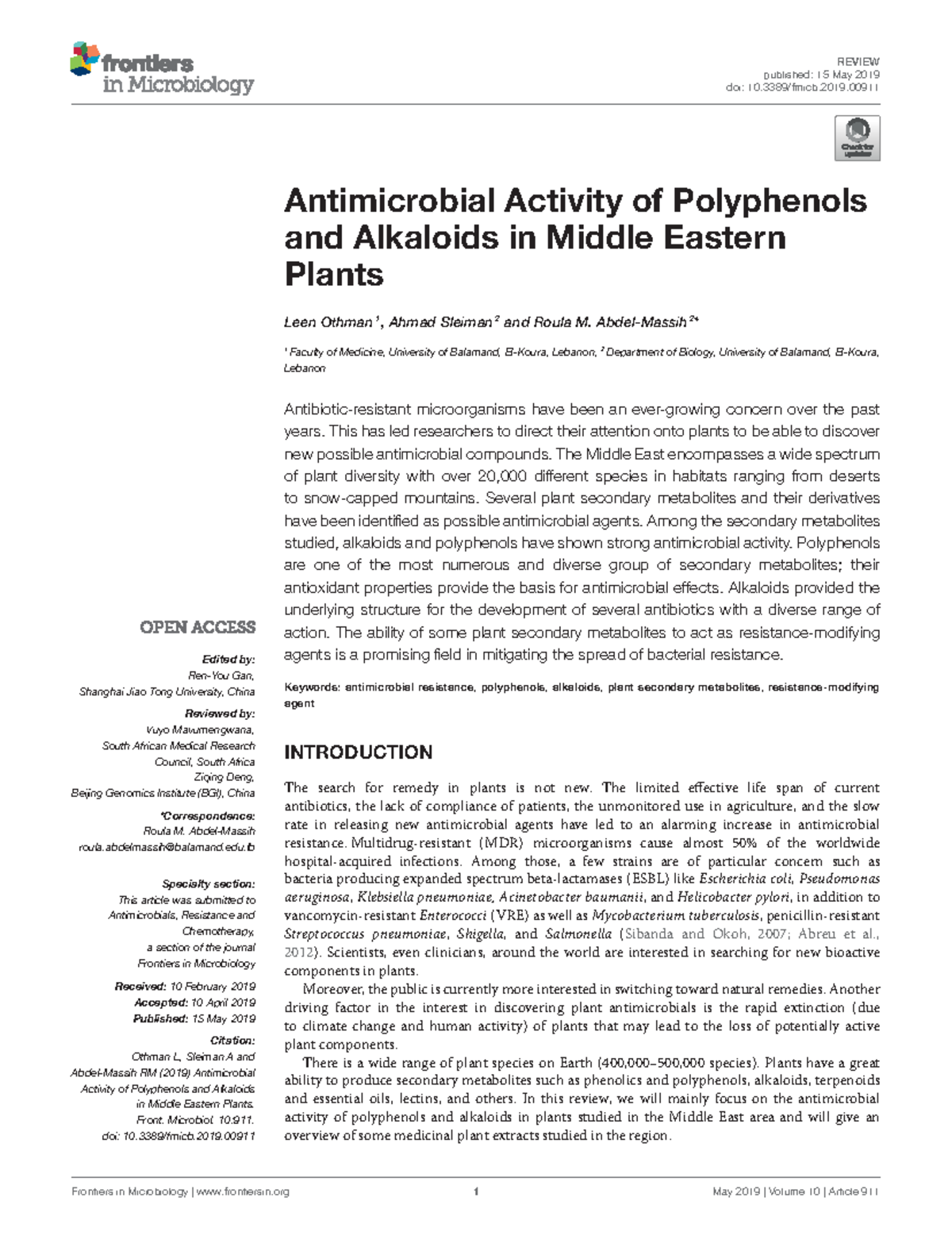 Antimicrobial Activity of Polyphenols and Alkaloids in Middle Eastern ...