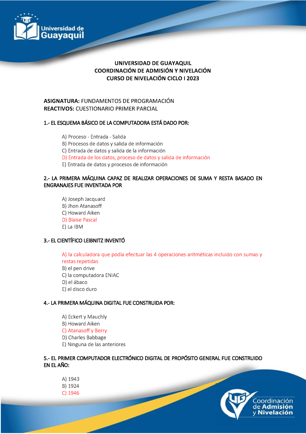 Cuestionario Primer Parcial - UNIVERSIDAD DE GUAYAQUIL COORDINACI”N DE ...