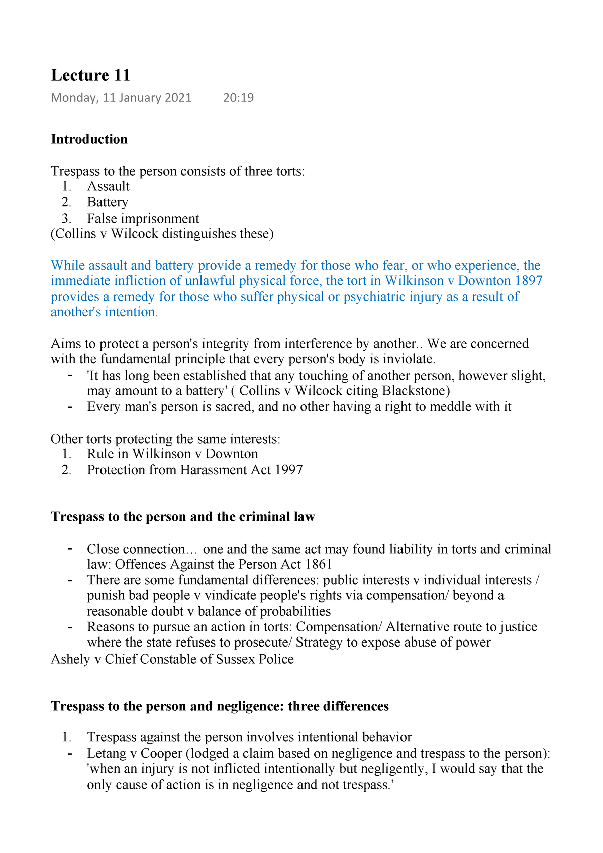 Lecture 11 - Tort Law 2020-2021 - Introduction Trespass To The Person ...