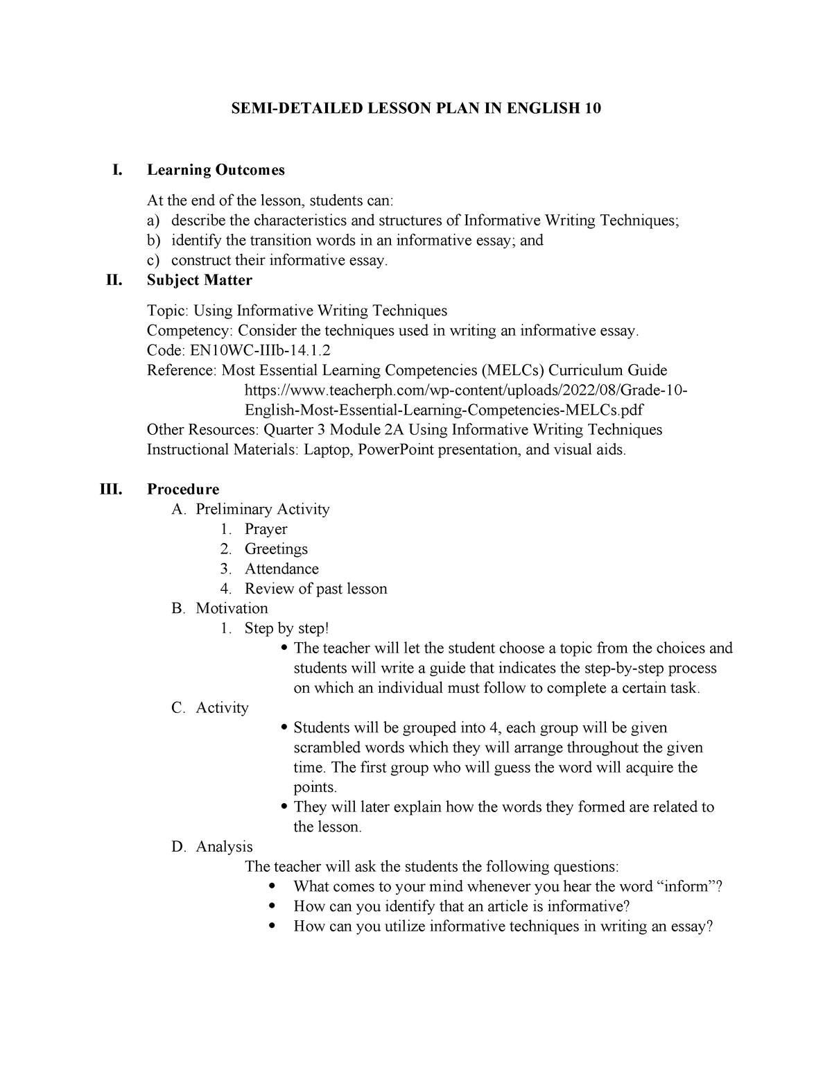 argumentative essay semi detailed lesson plan grade 10