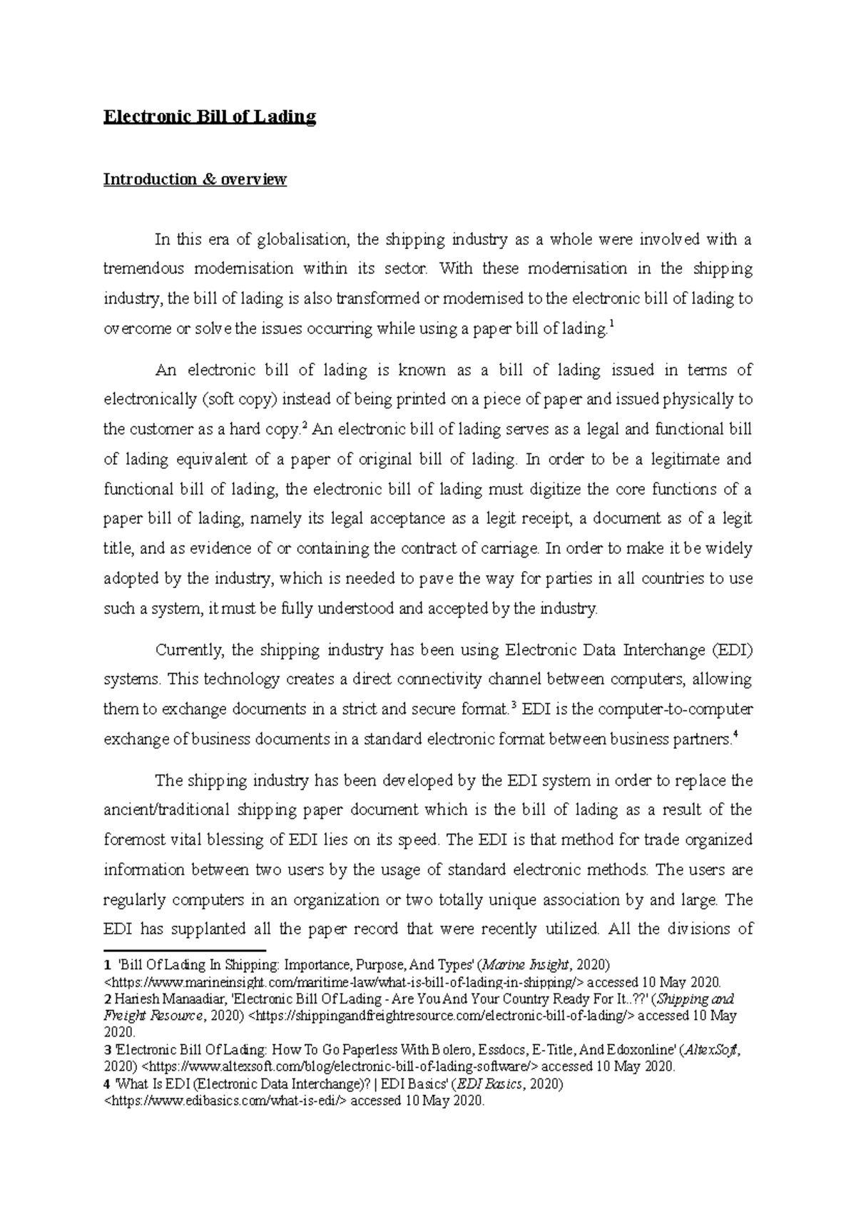 Electronic Bill of Lading Electronic Bill of Lading Introduction & overview In this era of