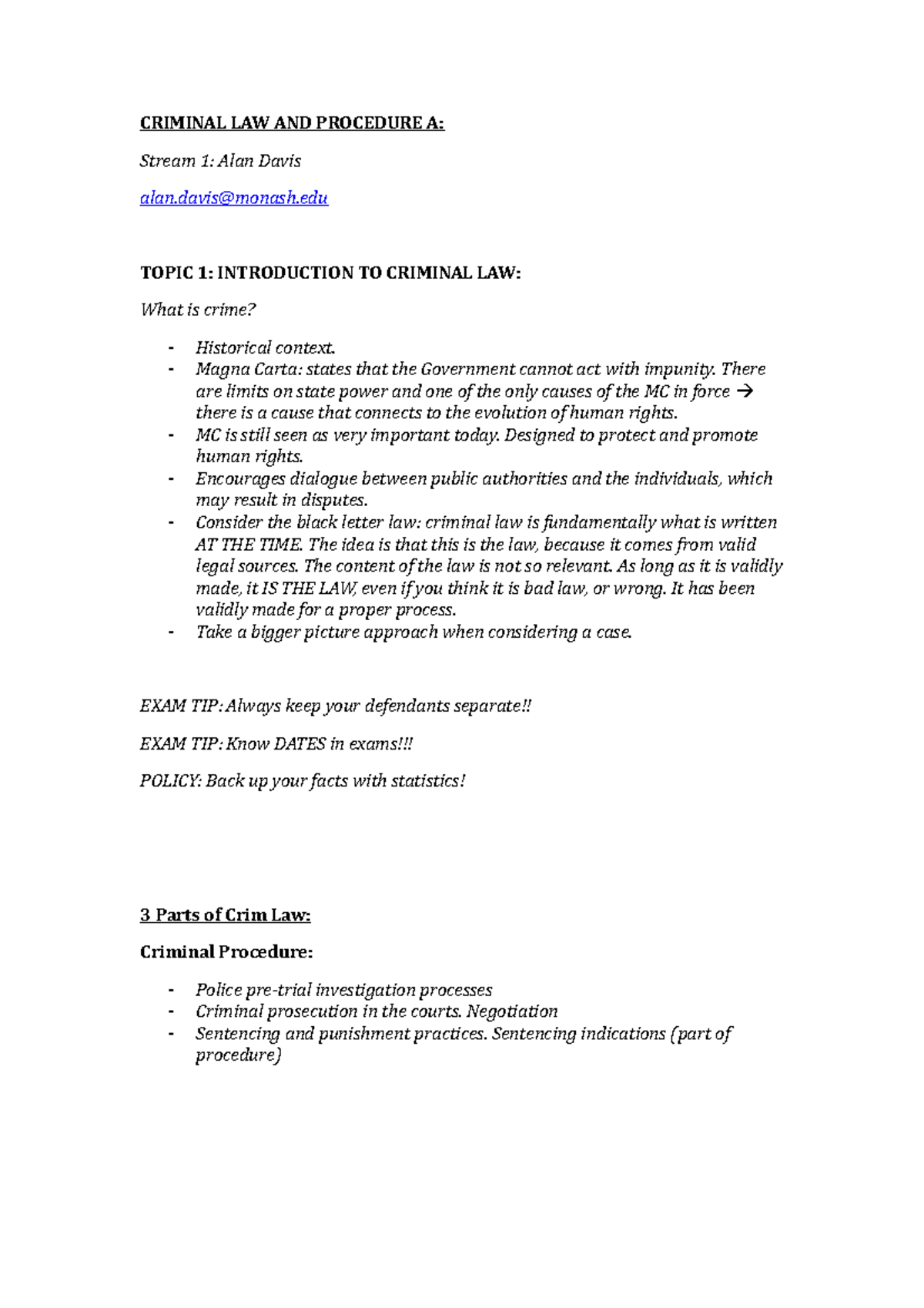 Lecture notes, all lectures - CRIMINAL LAW AND PROCEDURE A: Stream 1 ...
