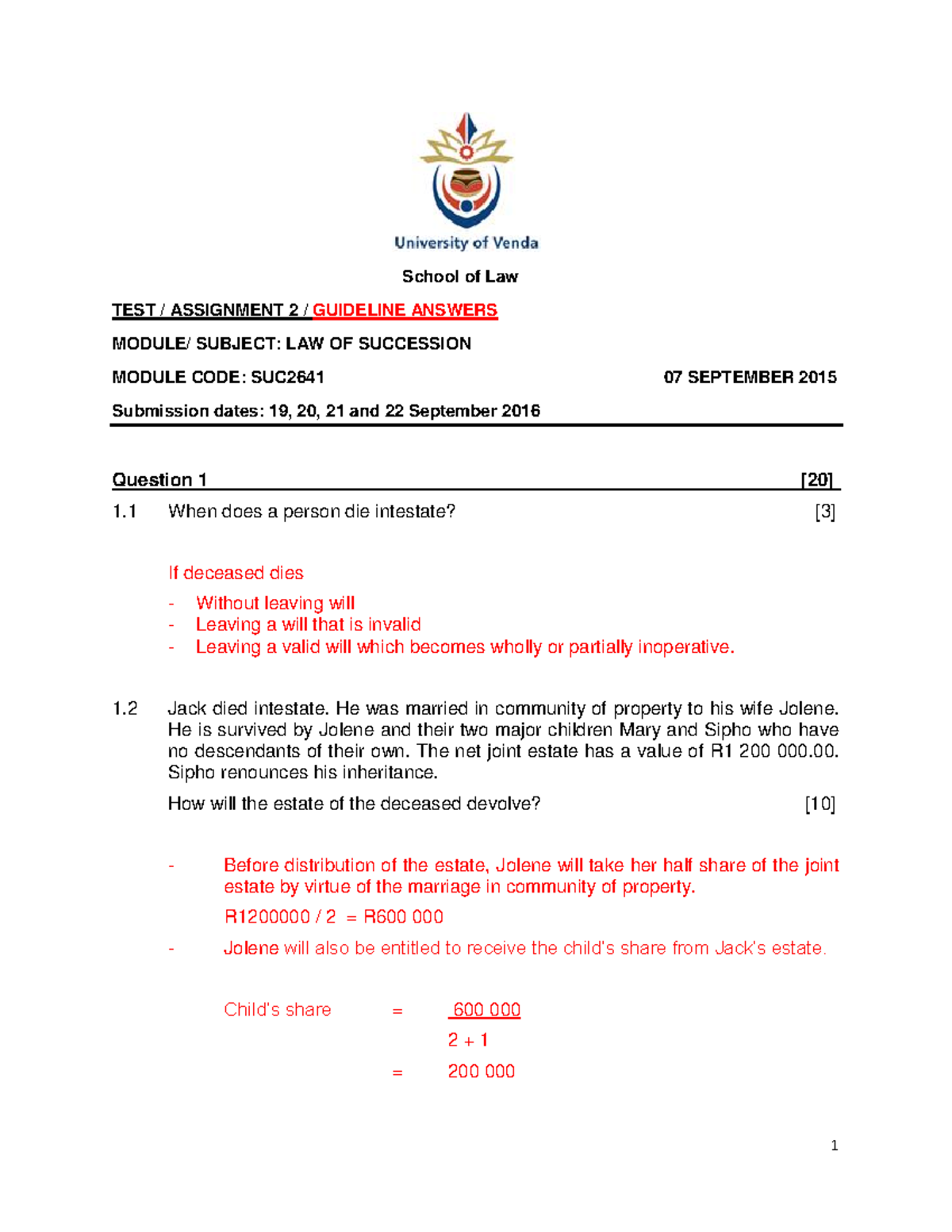 SUC 2641 Test 2015 - law of testate succession - School of Law TEST ...