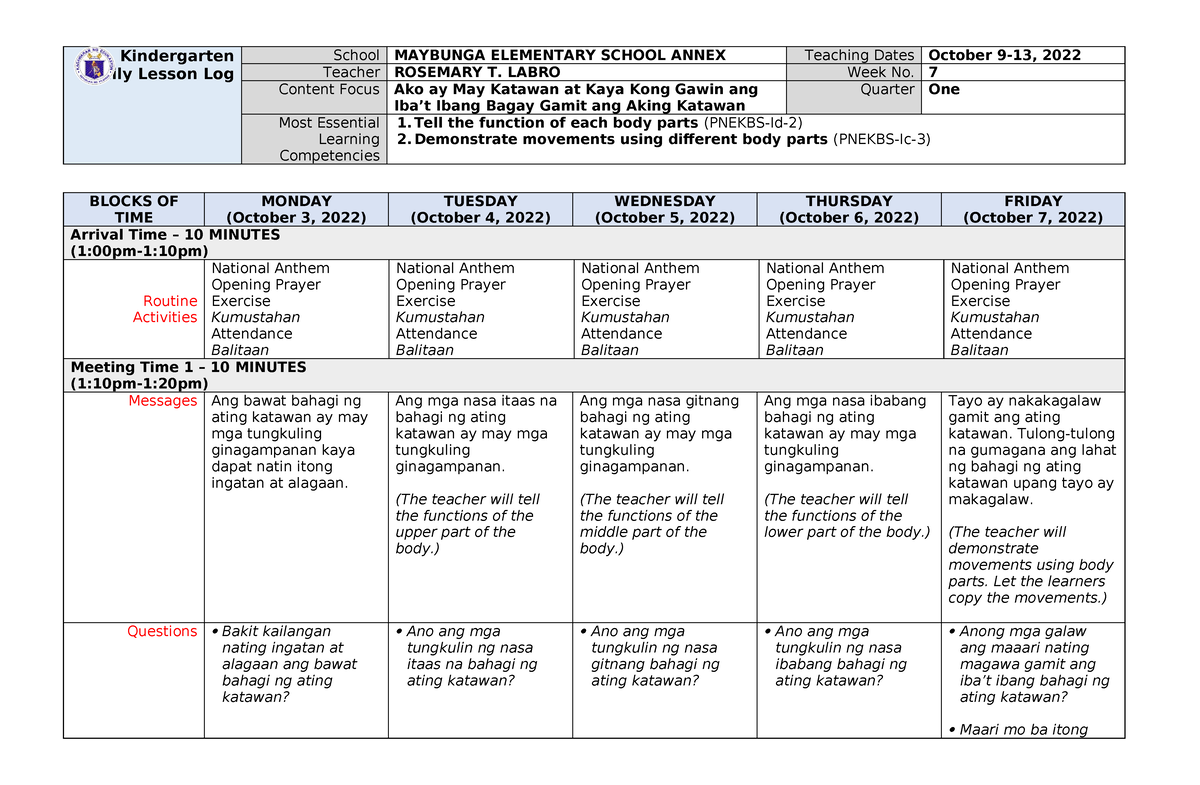 Kindergarten Dll Melc Q1 W7 Kindergarten Daily Lesson Log School Maybunga Elementary School 2287