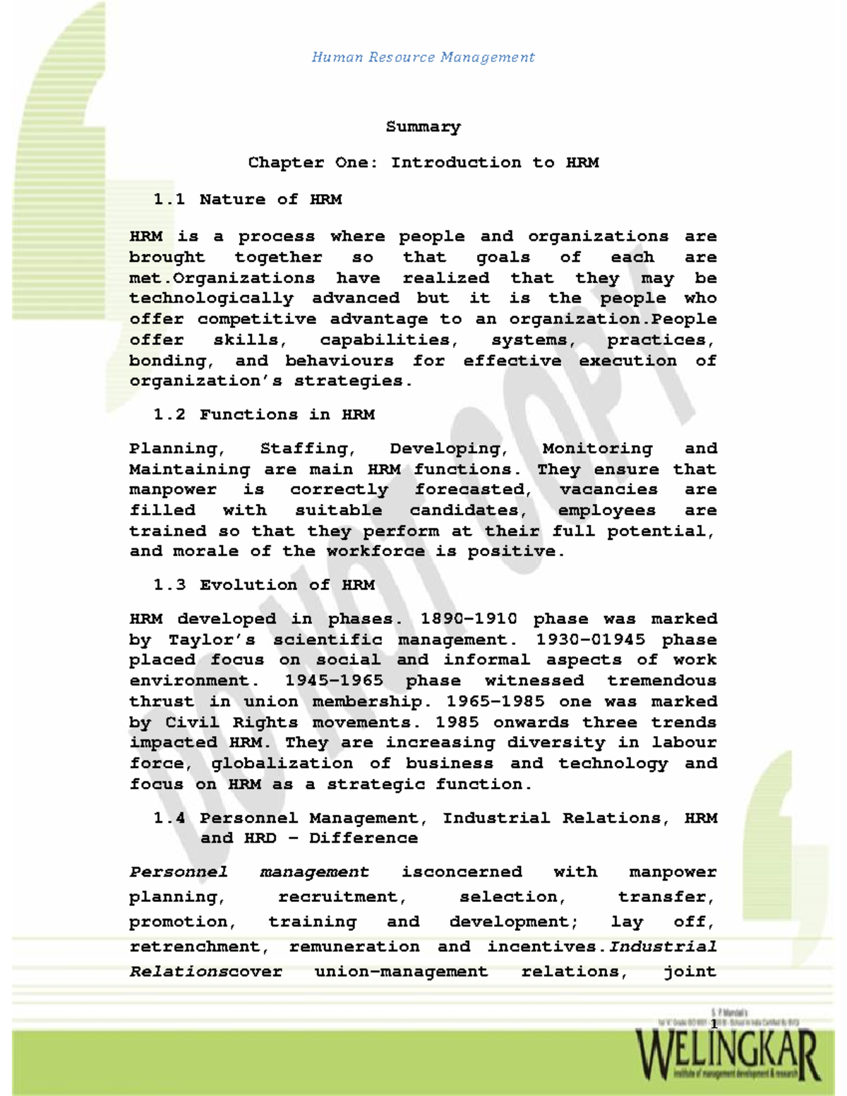 Chapter 1 introduction to HRM - Human Resource Management 1 Summary ...