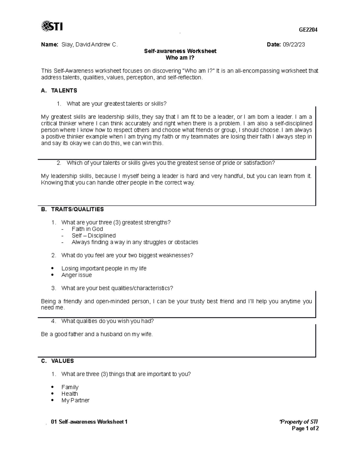 01 Self-awareness Worksheet 1 (1) SIAY - GE Name: Siay, David Andrew C ...