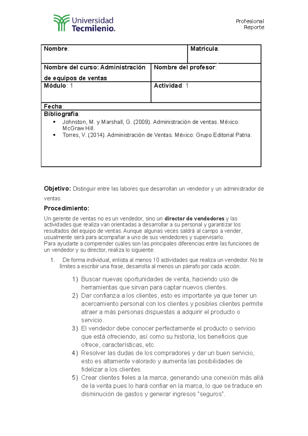 Act 1 AEV - Actividad número 1 del curso - Profesional Reporte Nombre ...
