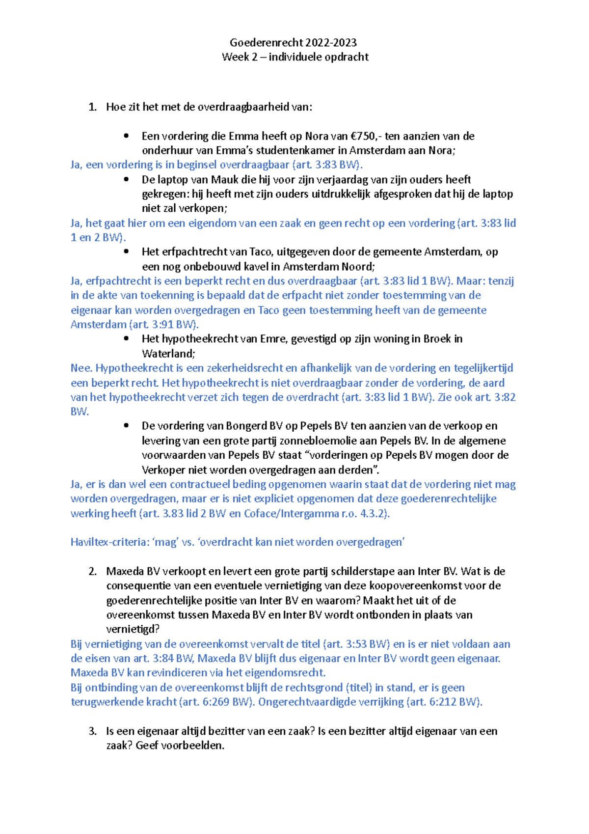 2. GR Wg - Uitwerkingen Week 2 - Goederenrecht 2022- Week 2 ...