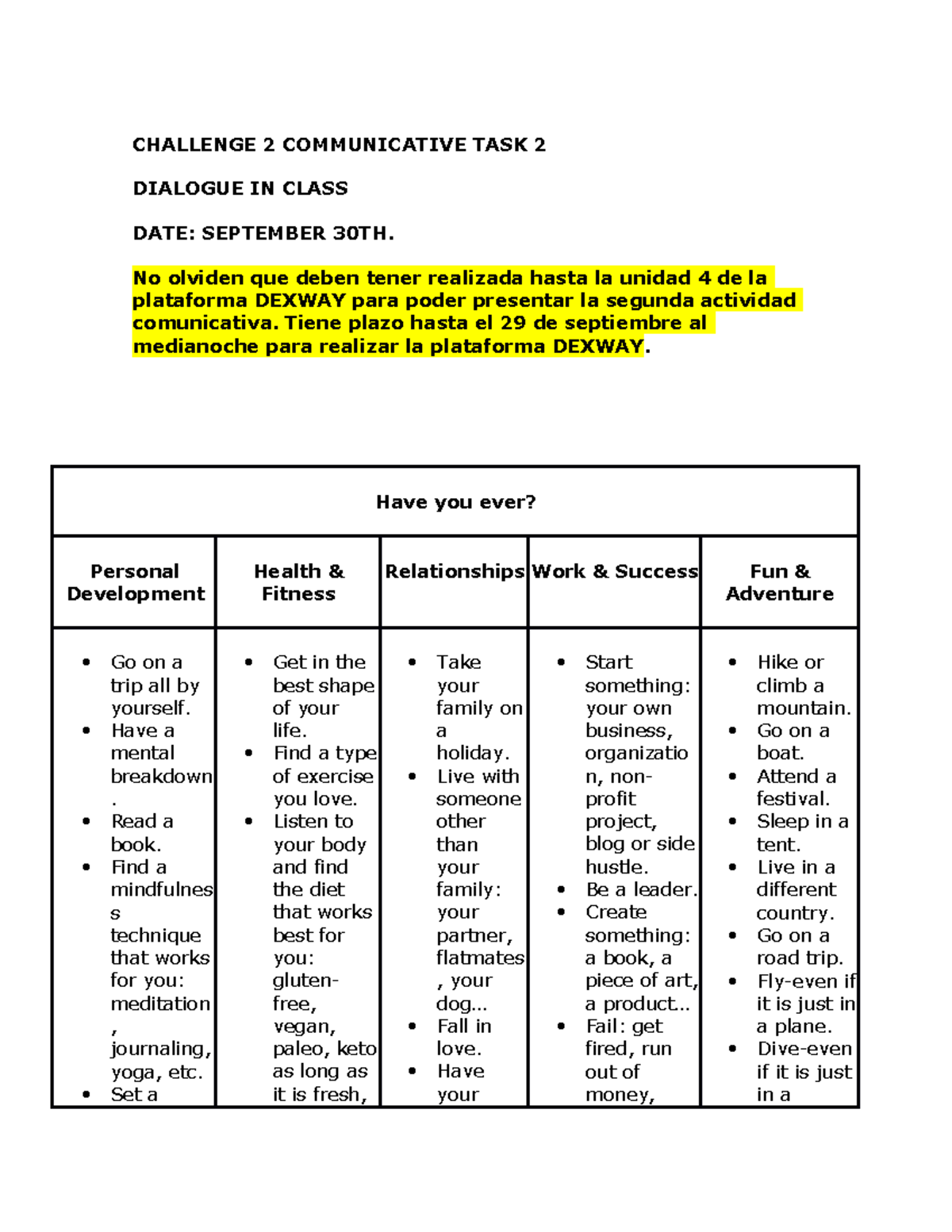 Challenge 2 Communicative TASK 2 Sábado - CHALLENGE 2 COMMUNICATIVE ...
