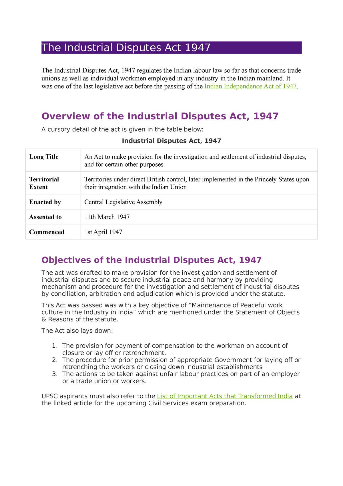 The Industrial Disputes Act 1947 Notes Topic Wise - The Industrial ...