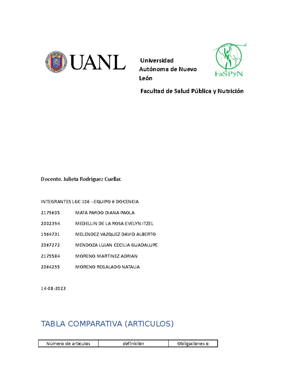 Act 1 Tabla Comparativa Universidad Autónoma De Nuevo León Facultad De Salud Pública Y 6764