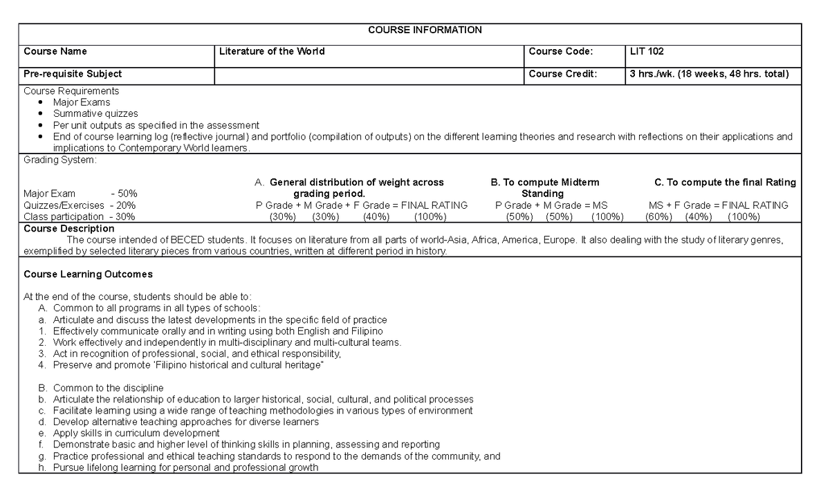 World LIT - lecture - COURSE INFORMATION Course Name Literature of the ...