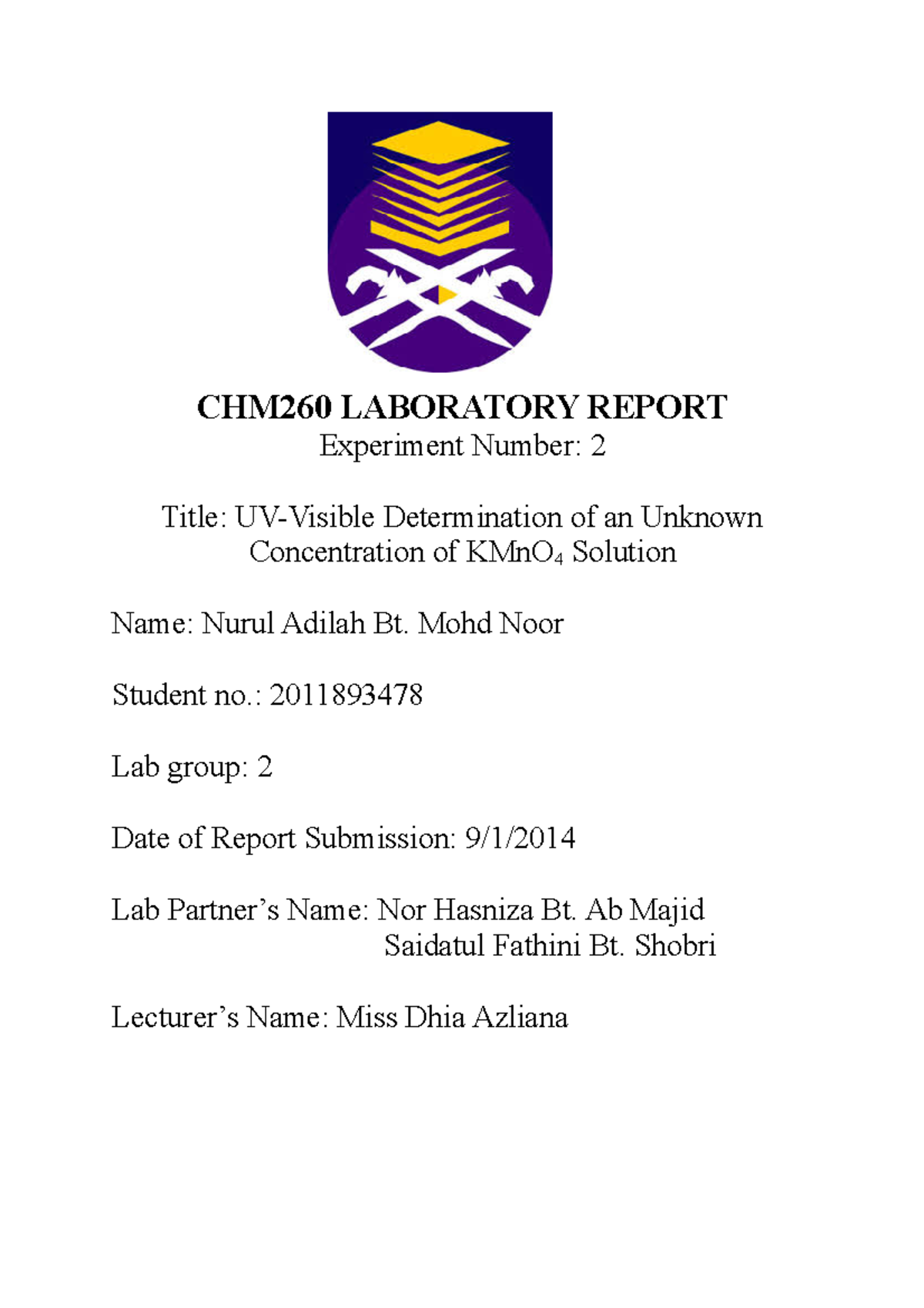 Example Of Experiment 2 CHM 260 - CHM260 LABORATORY REPORT Experiment ...