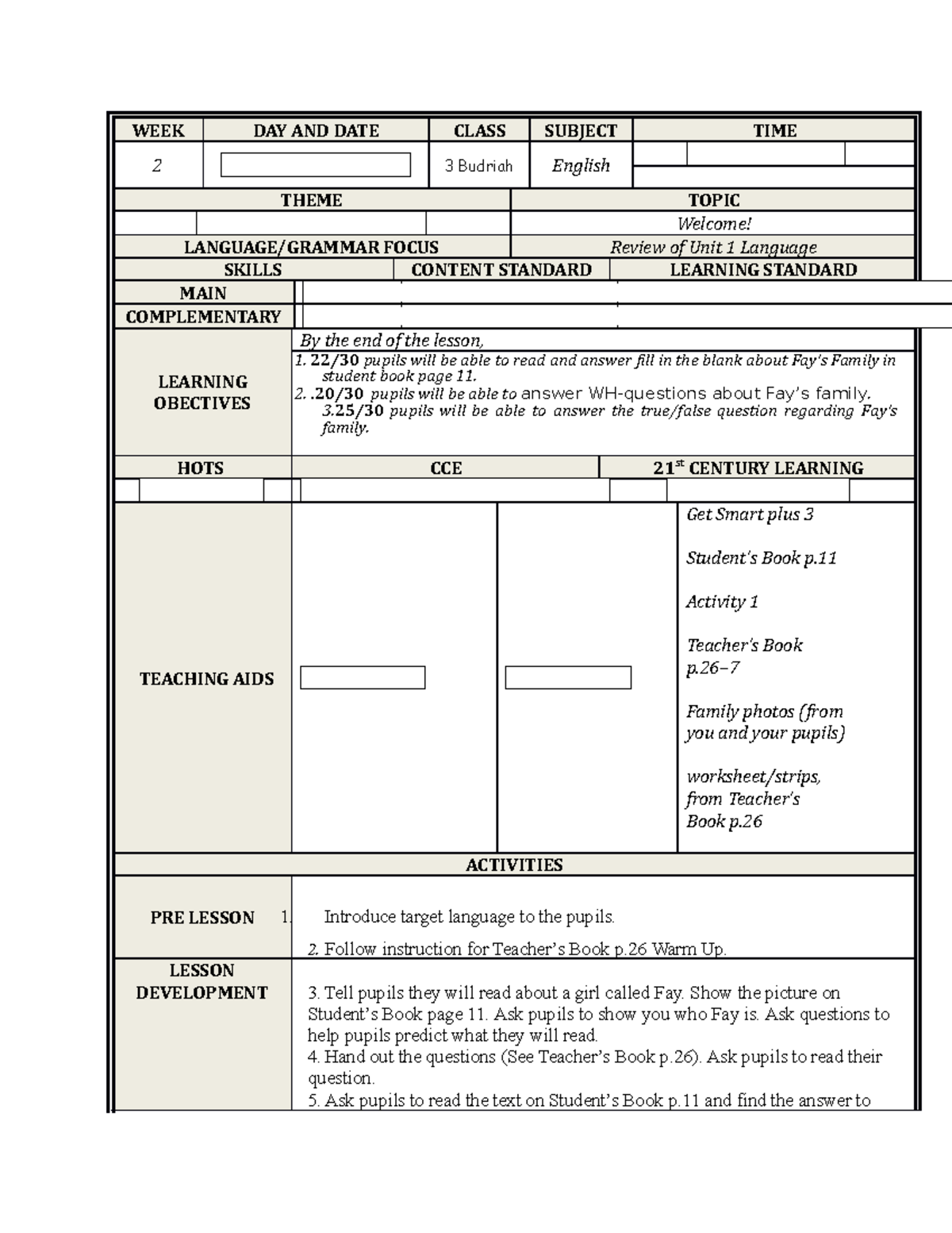 EXAMPLE LESSON PLAN TEACHING METHOD - WEEK DAY AND DATE CLASS SUBJECT ...