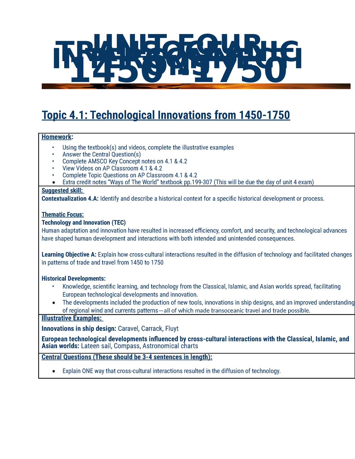 Unit 4 Outline Master - UNIT FOUR TRANSOCEANIC INTERCONNECTI ONS 1450 ...