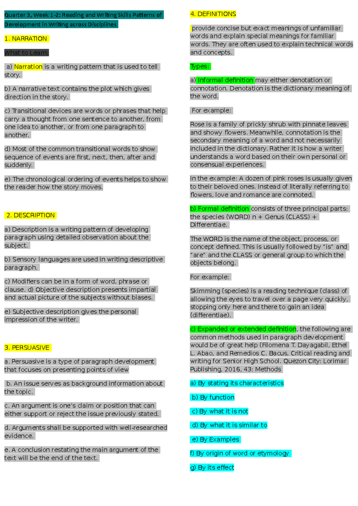 Quarter 3, Week 12 Reading and Writing Skills Patterns of Development