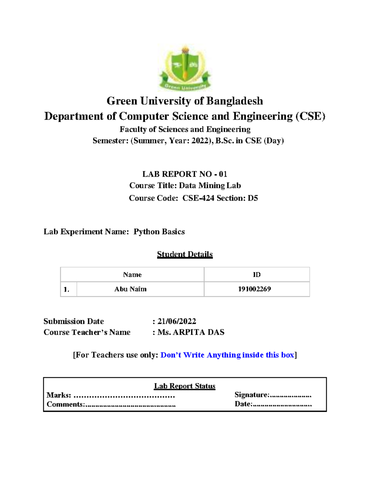 191002269 (Naim) Lab 1-converted - Lab Report Status Marks