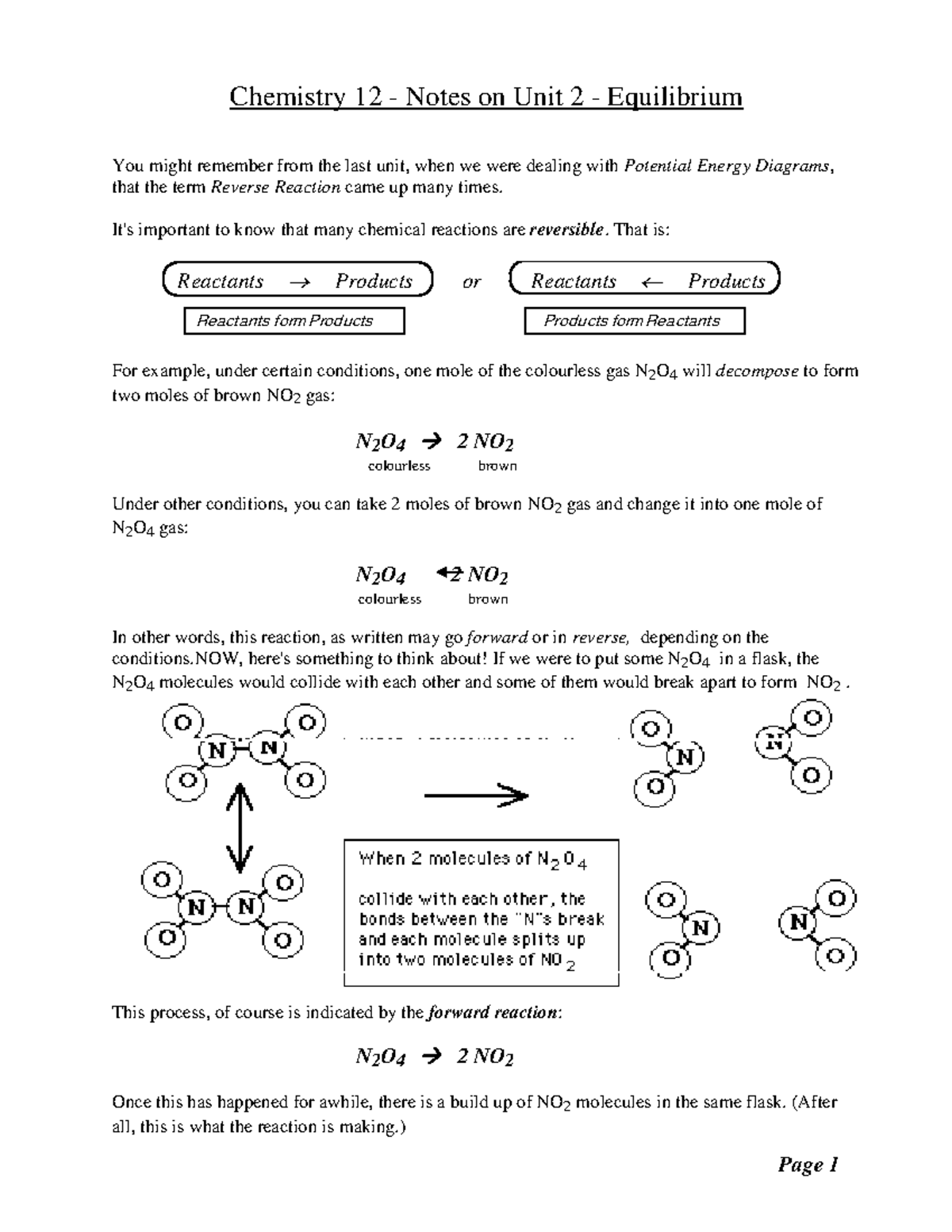 Unit2notes - Equilibrium - Chemistry 12 - Notes On Unit 2 - Equilibrium ...