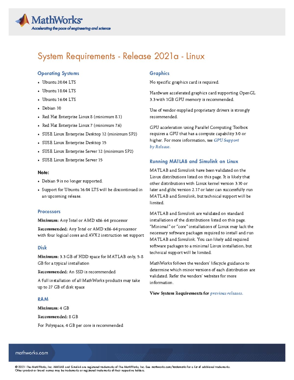 System requirements release 2021a linux - © 2021 The MathWorks, Inc ...