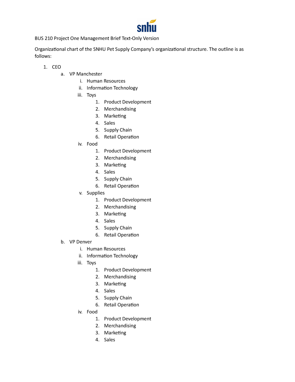 Bus 210 Project One Management Brief Text Only Version The Outline Is As Follows Ceo A Vp 0955