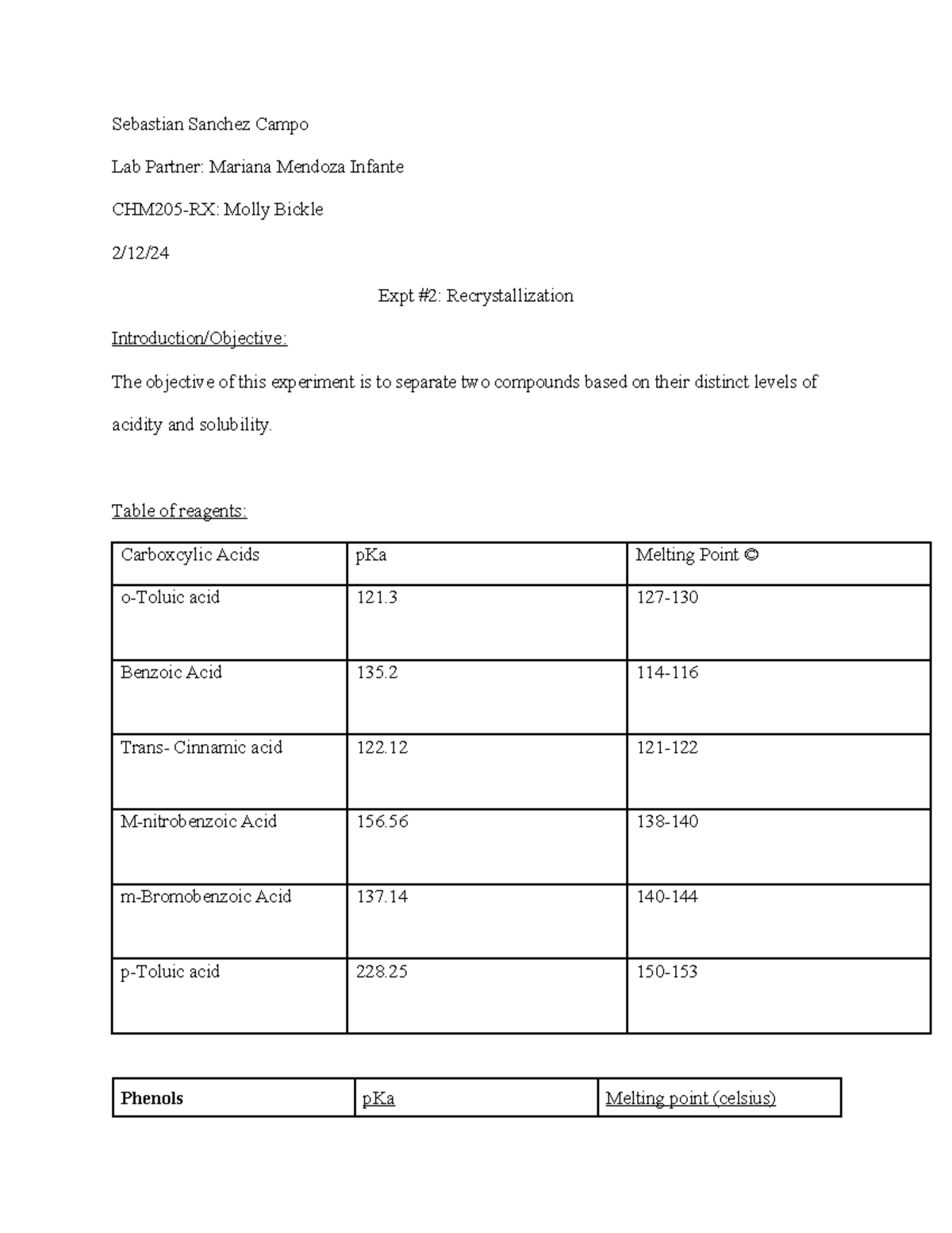 Orgo Lab Report Experiment #2 - Sebastian Sanchez Campo Lab Partner ...