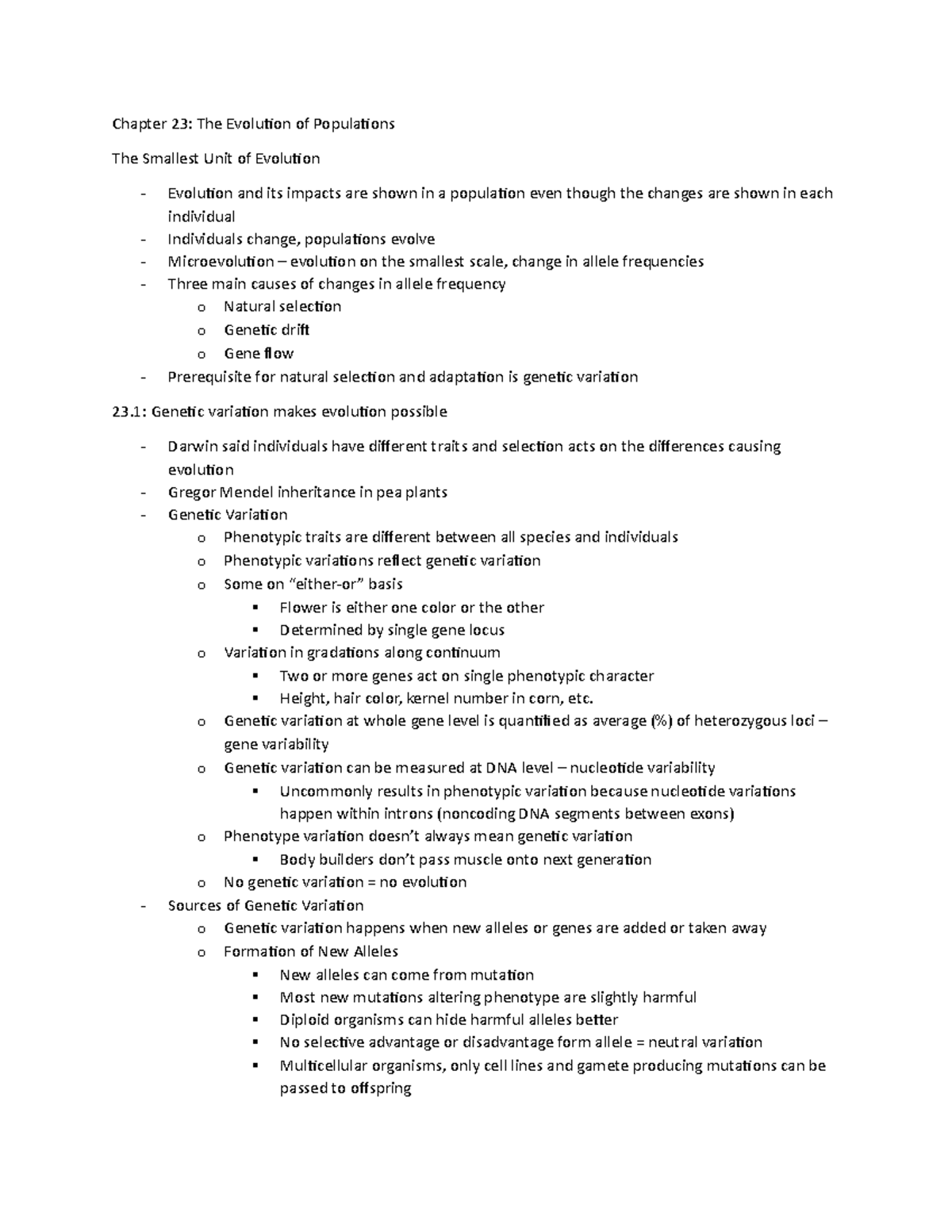 Chapter 23 Notes - Chapter 23: The Evolution of Populations The ...