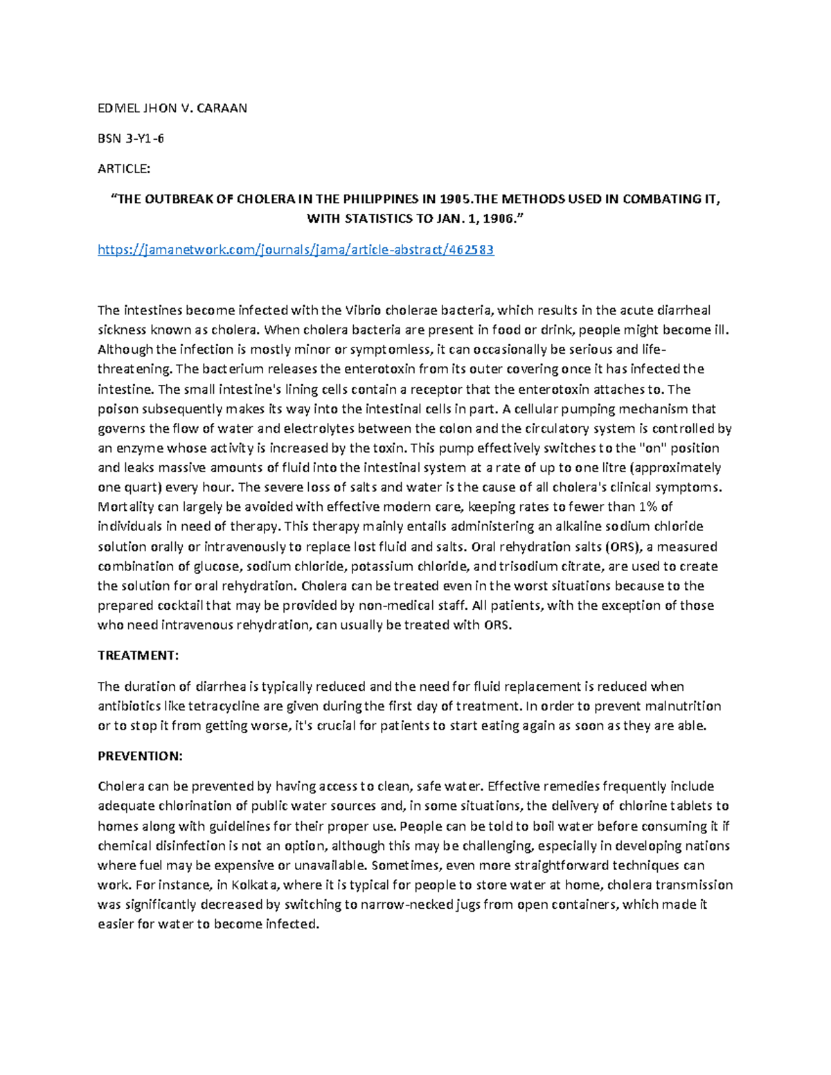 Annotated- Cholera - nursing subjrct - EDMEL JHON V. CARAAN BSN 3-Y1 ...