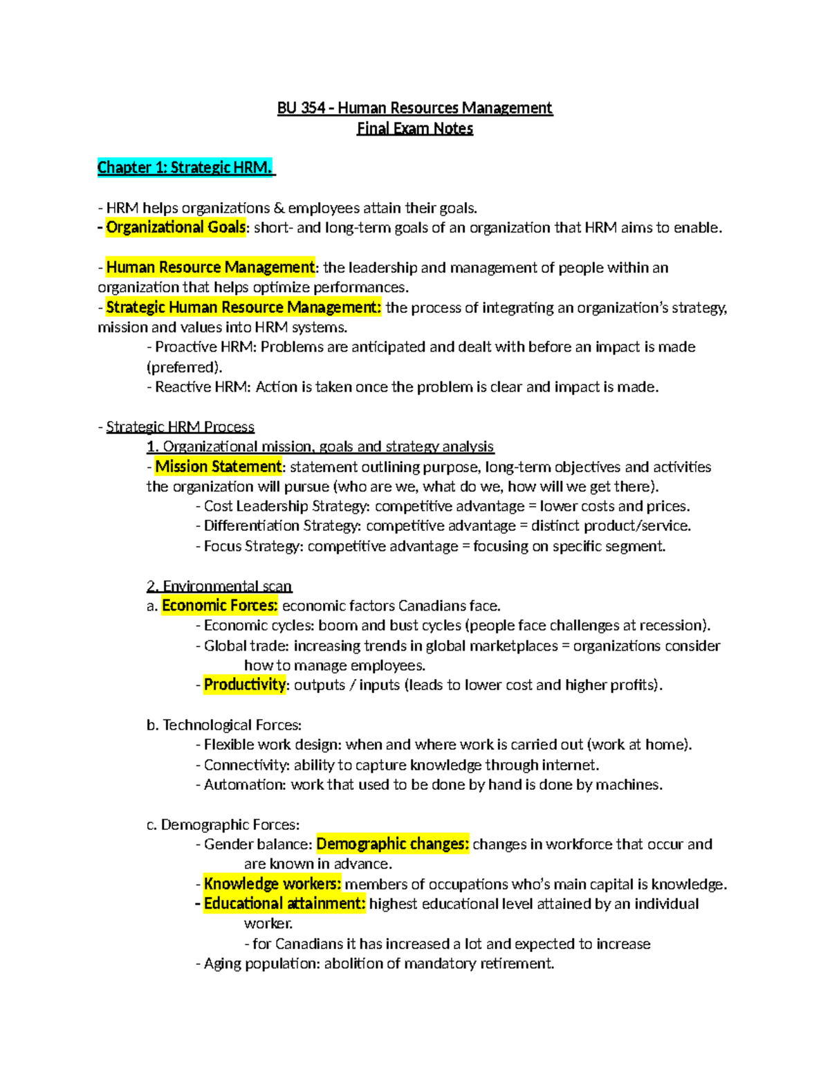 BU354 Notes-1 - BU 354 - Human Resources Management Final Exam Notes ...