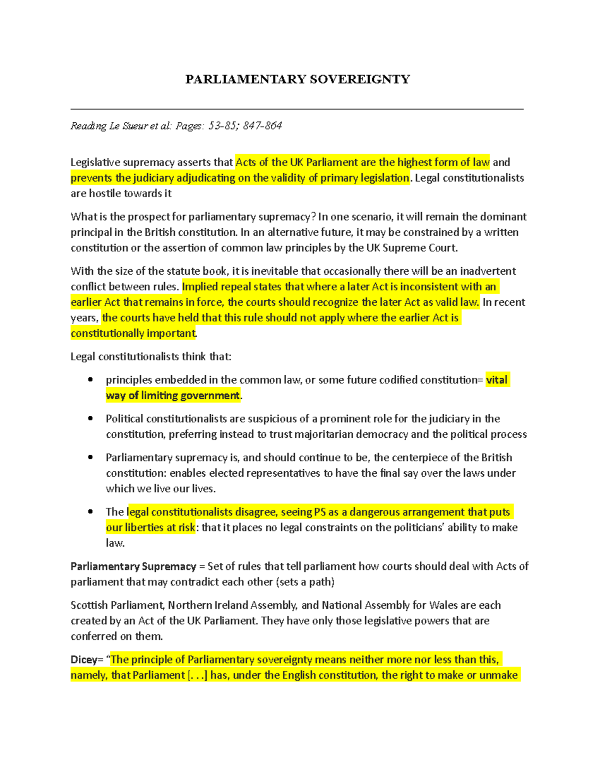 Parliamentary Supremacy Copy - PARLIAMENTARY SOVEREIGNTY - Studocu