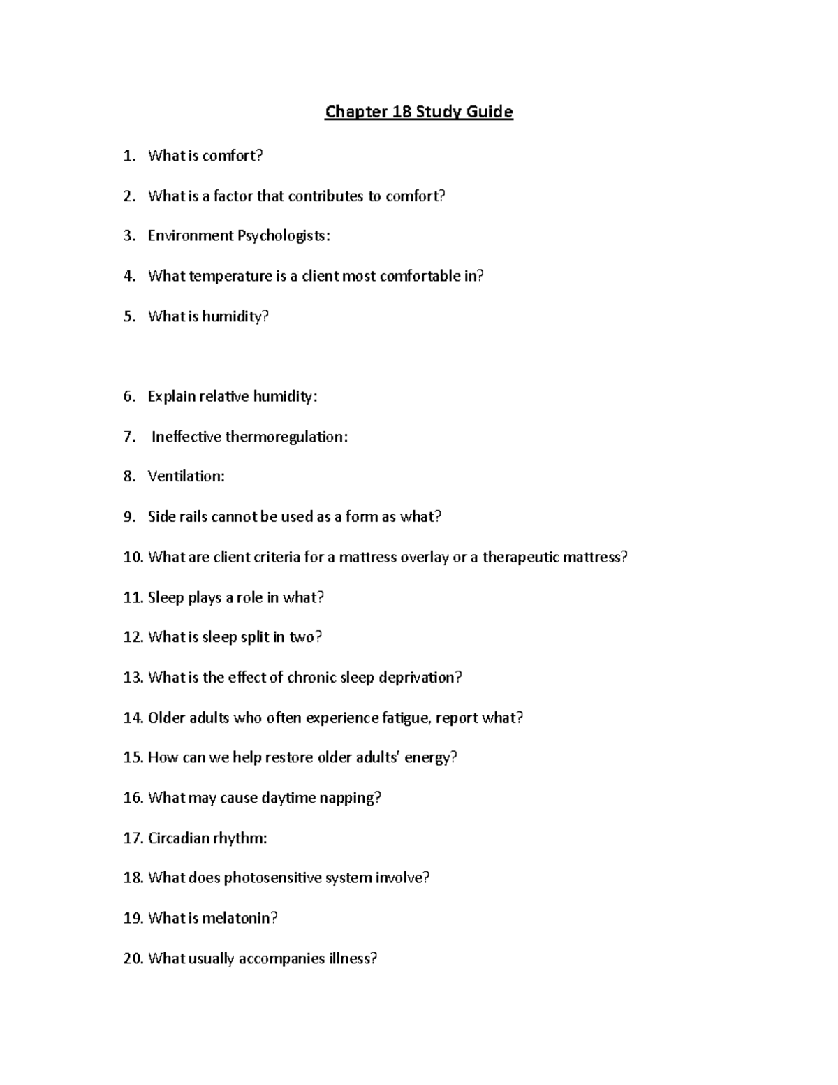 Chapter 18 Study Guide - Chapter 18 Study Guide What is comfort? What ...